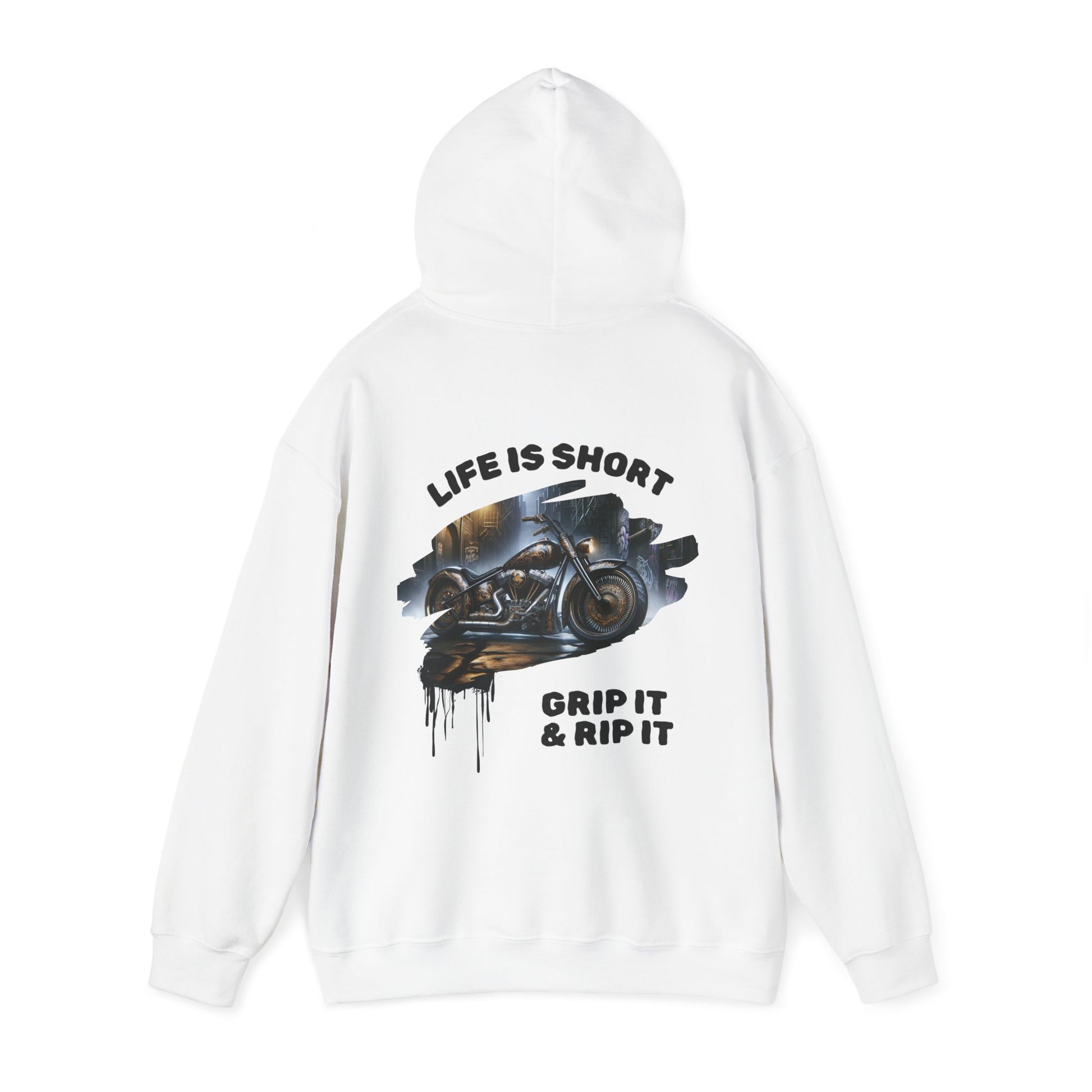 Motorcycle-themed Heavy Blend Hoodie with Grip It & Rip It Slogan and Spray Paint Drip Design. Brand63. Biker Hoodie, Biker apparel, motorcyclist clothes. Free Shipping