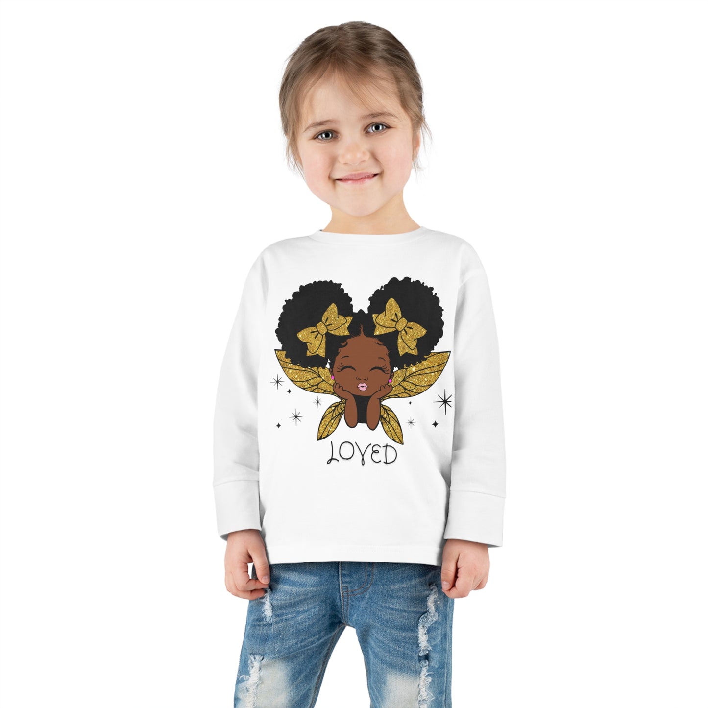 Loved! Brown-Girl Toddler Long Sleeve Tee, Gold