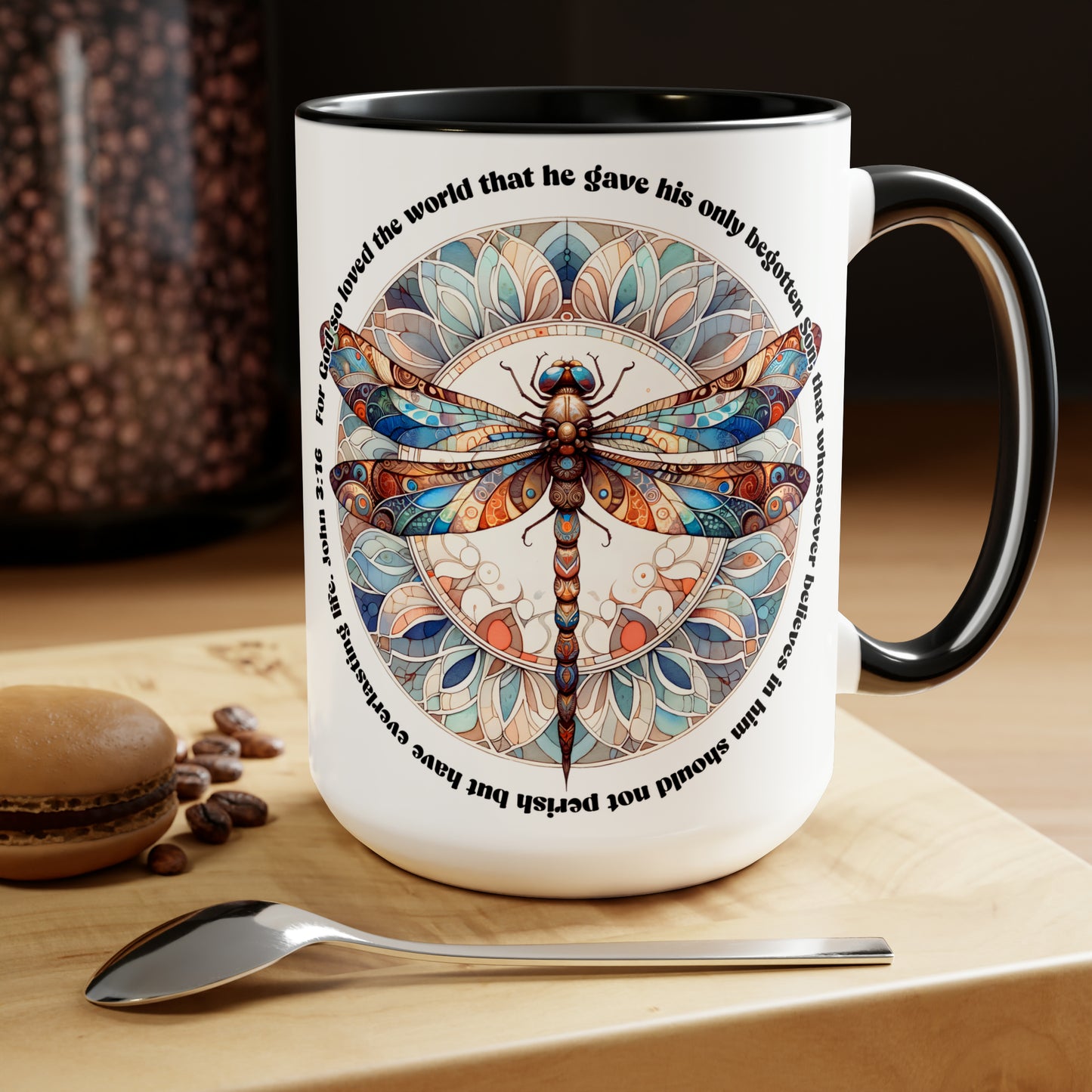 Praise & Worship Coffee Mugs, 15oz |Bible Verse, John 3:16 Faith-Based Gifts, Dragonfly