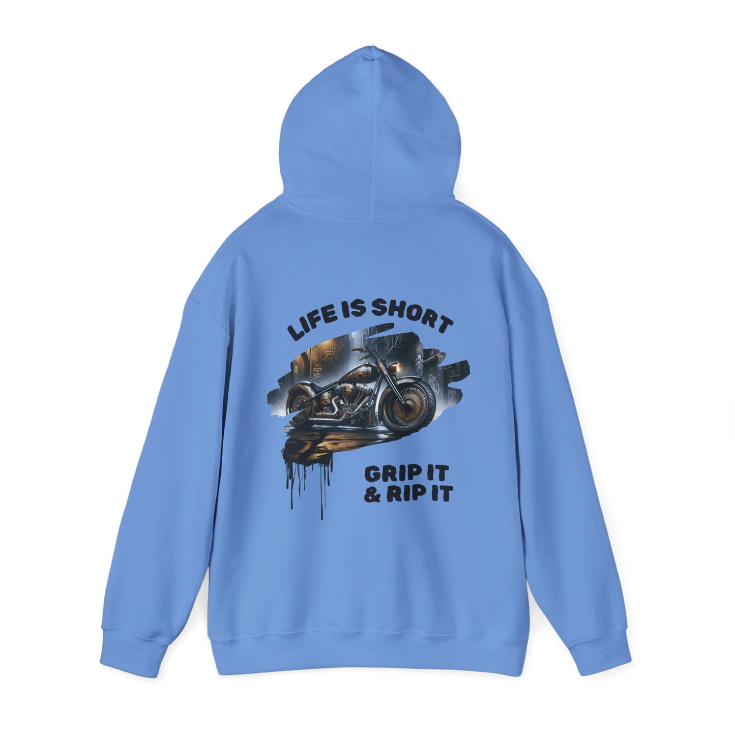 Motorcycle-themed Heavy Blend Hoodie with Grip It & Rip It Slogan and Spray Paint Drip Design. Brand63. Biker Hoodie, Biker apparel, motorcyclist clothes. Free Shipping