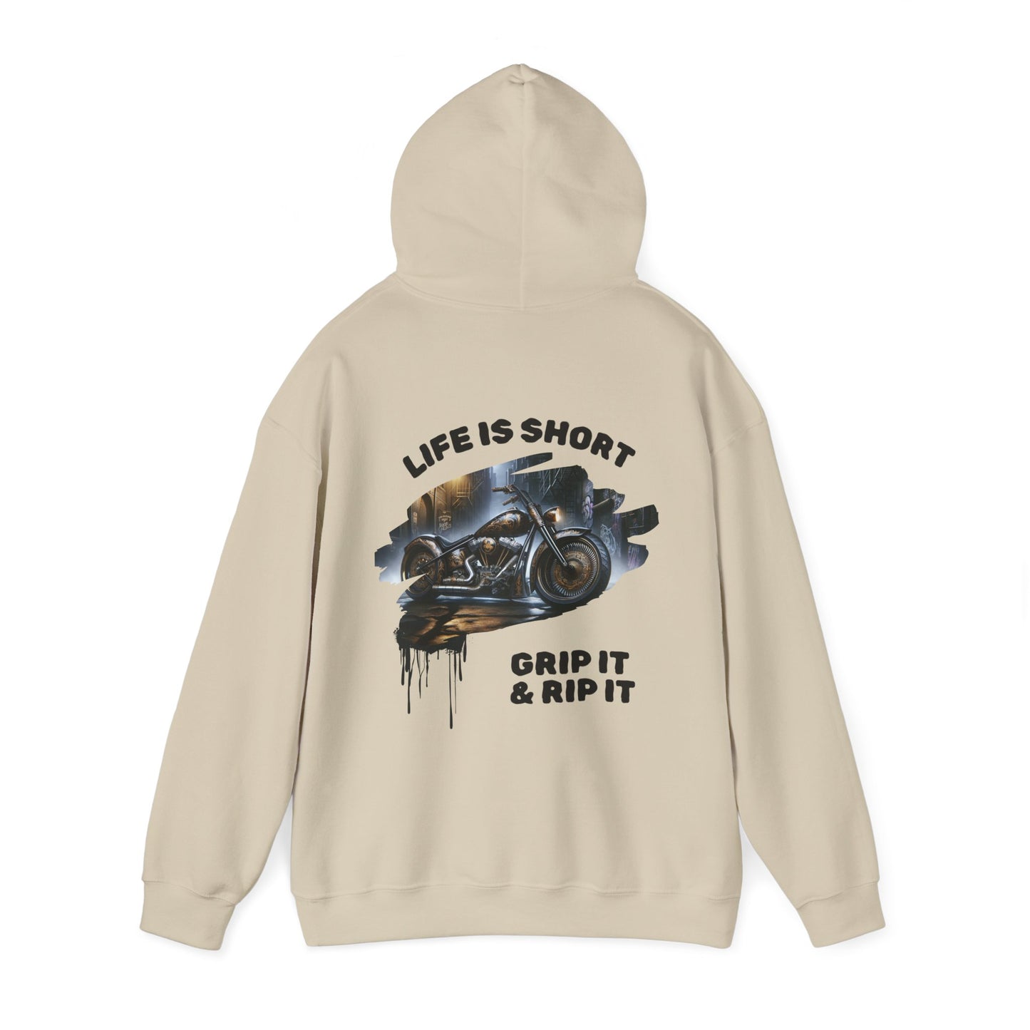 Motorcycle-themed Heavy Blend Hoodie with Grip It & Rip It Slogan and Spray Paint Drip Design. Brand63. Biker Hoodie, Biker apparel, motorcyclist clothes. Free Shipping