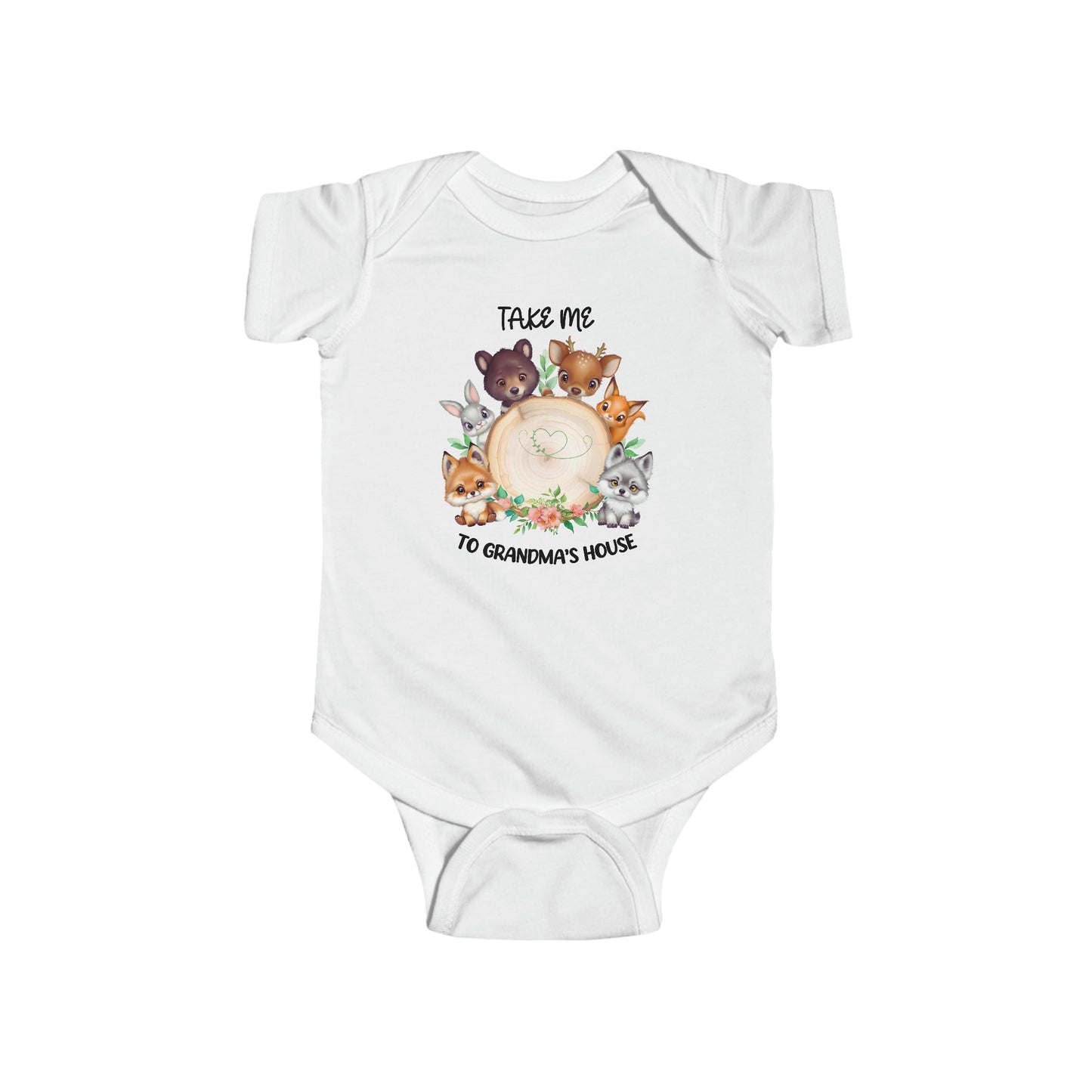 Baby in Woodland Critter Journey Onesie from Brand63.com, featuring adorable forest animals, online shopping with free shipping on orders over $99, going to grandmas house