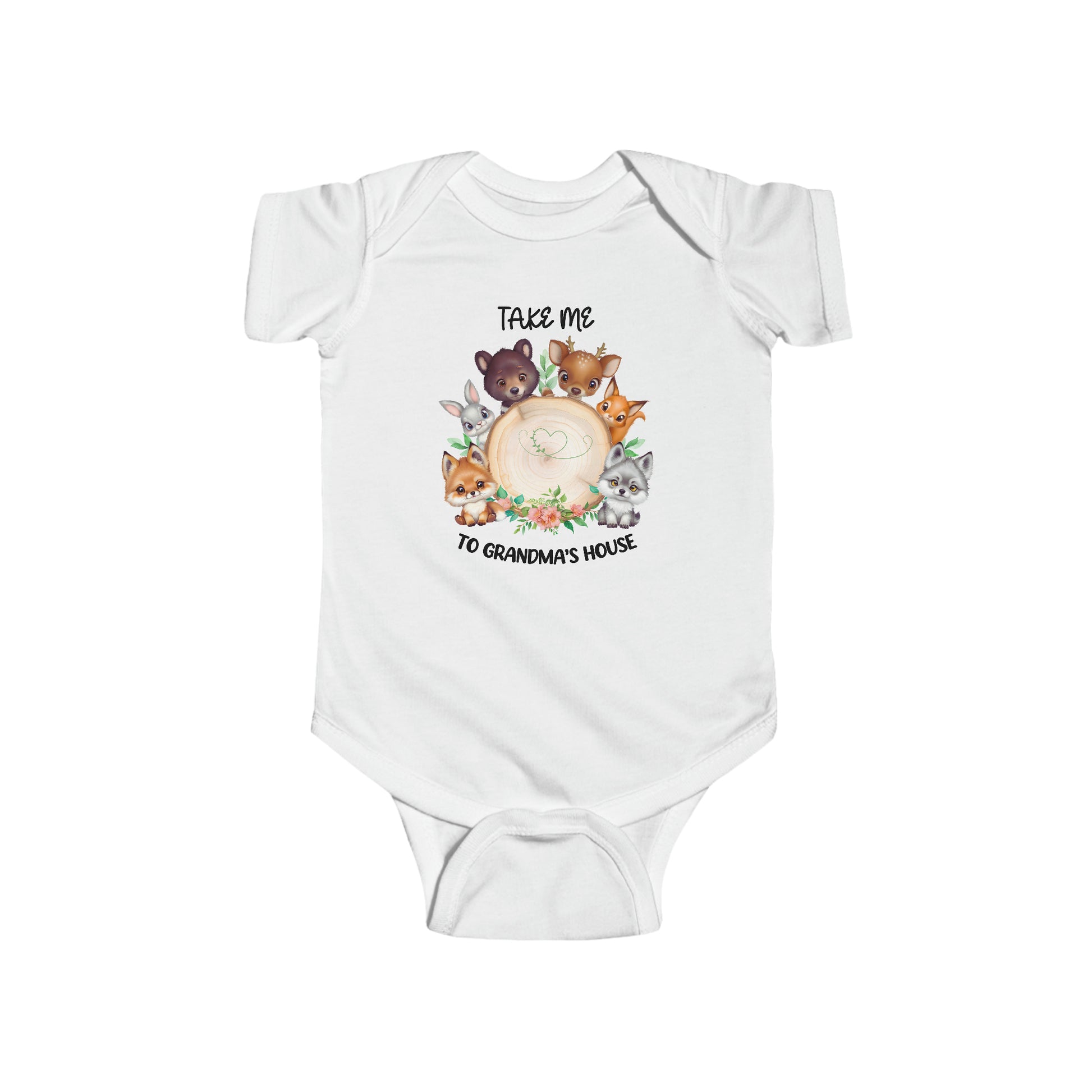 Baby in Woodland Critter Journey Onesie from Brand63.com, featuring adorable forest animals, online shopping with free shipping on orders over $99, going to grandmas house