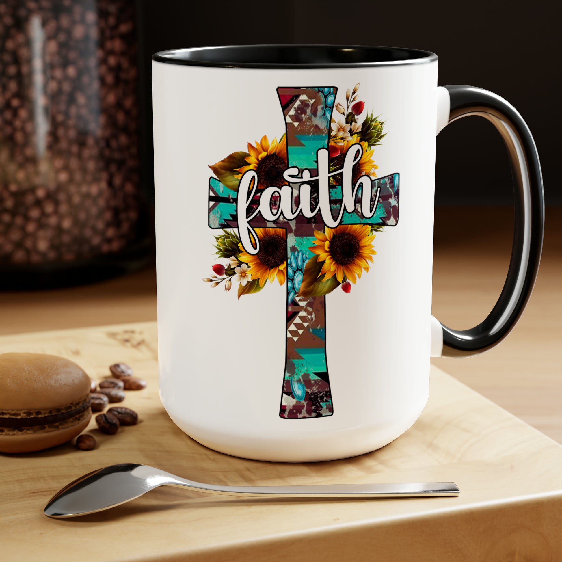 Praise & Worship Coffee Mugs, 15oz | Sunflower Cross, Faith-Based Gifts