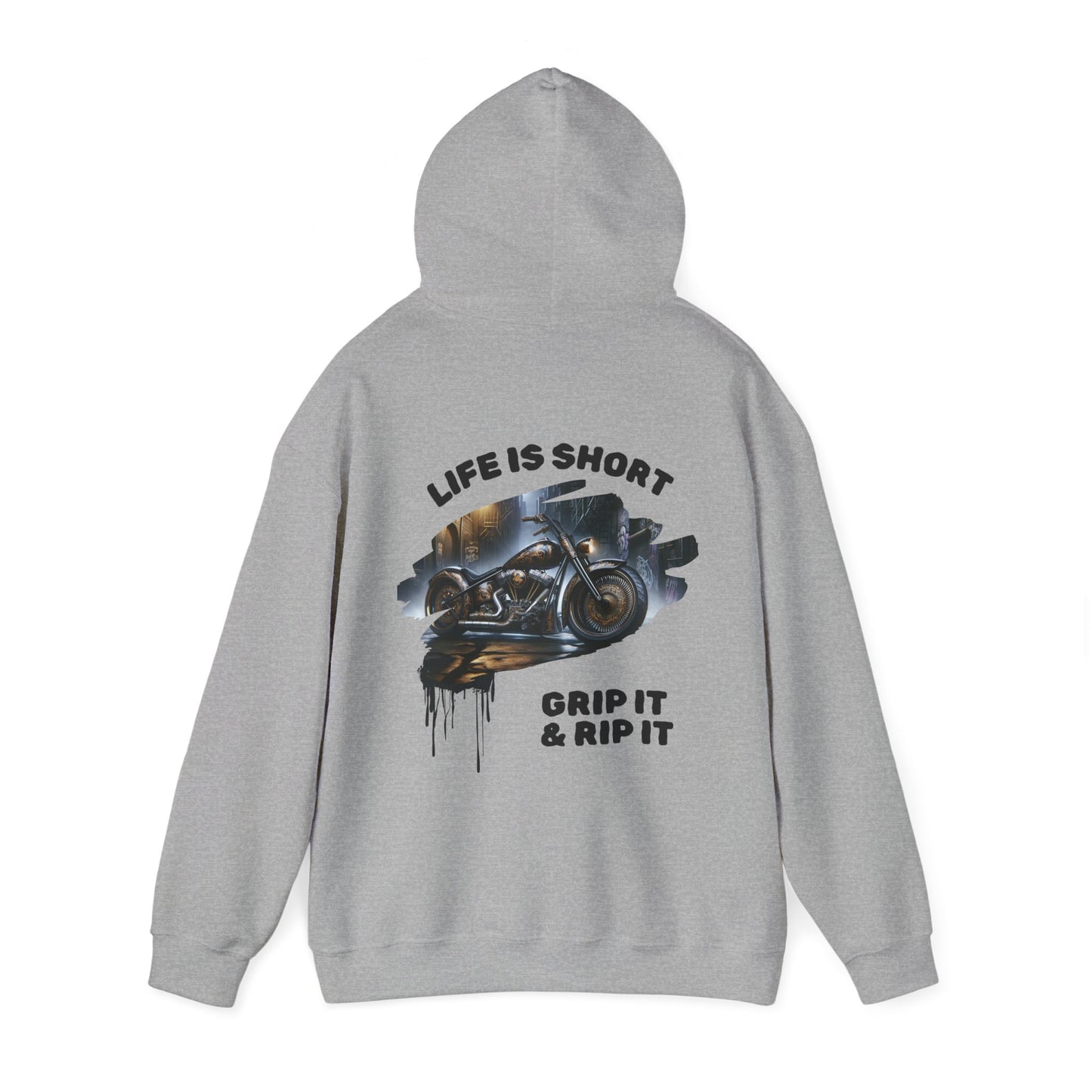 Motorcycle-themed Heavy Blend Hoodie with Grip It & Rip It Slogan and Spray Paint Drip Design. Brand63. Biker Hoodie, Biker apparel, motorcyclist clothes. Free Shipping