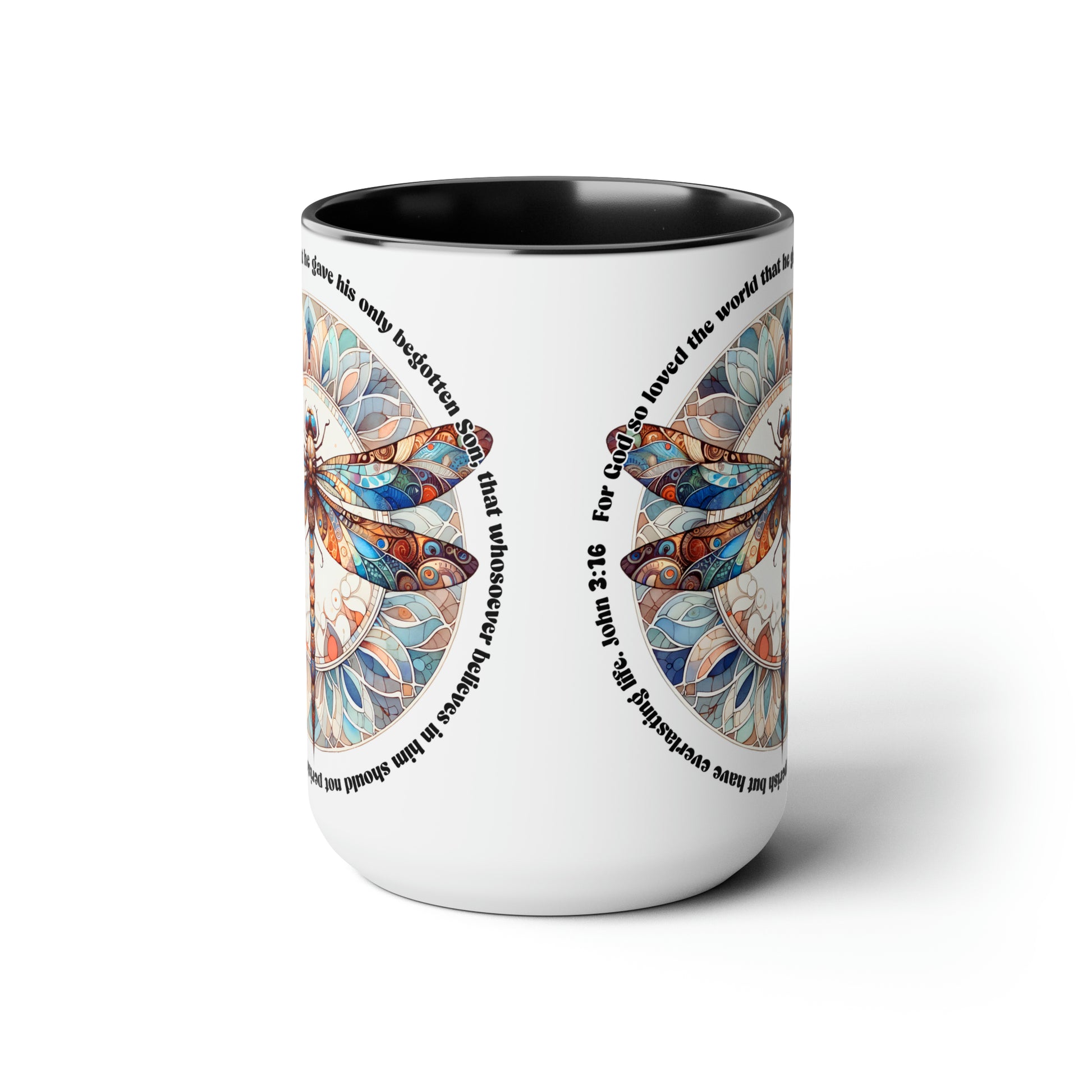 Praise & Worship Coffee Mugs, 15oz |Bible Verse, John 3:16 Faith-Based Gifts, Dragonfly