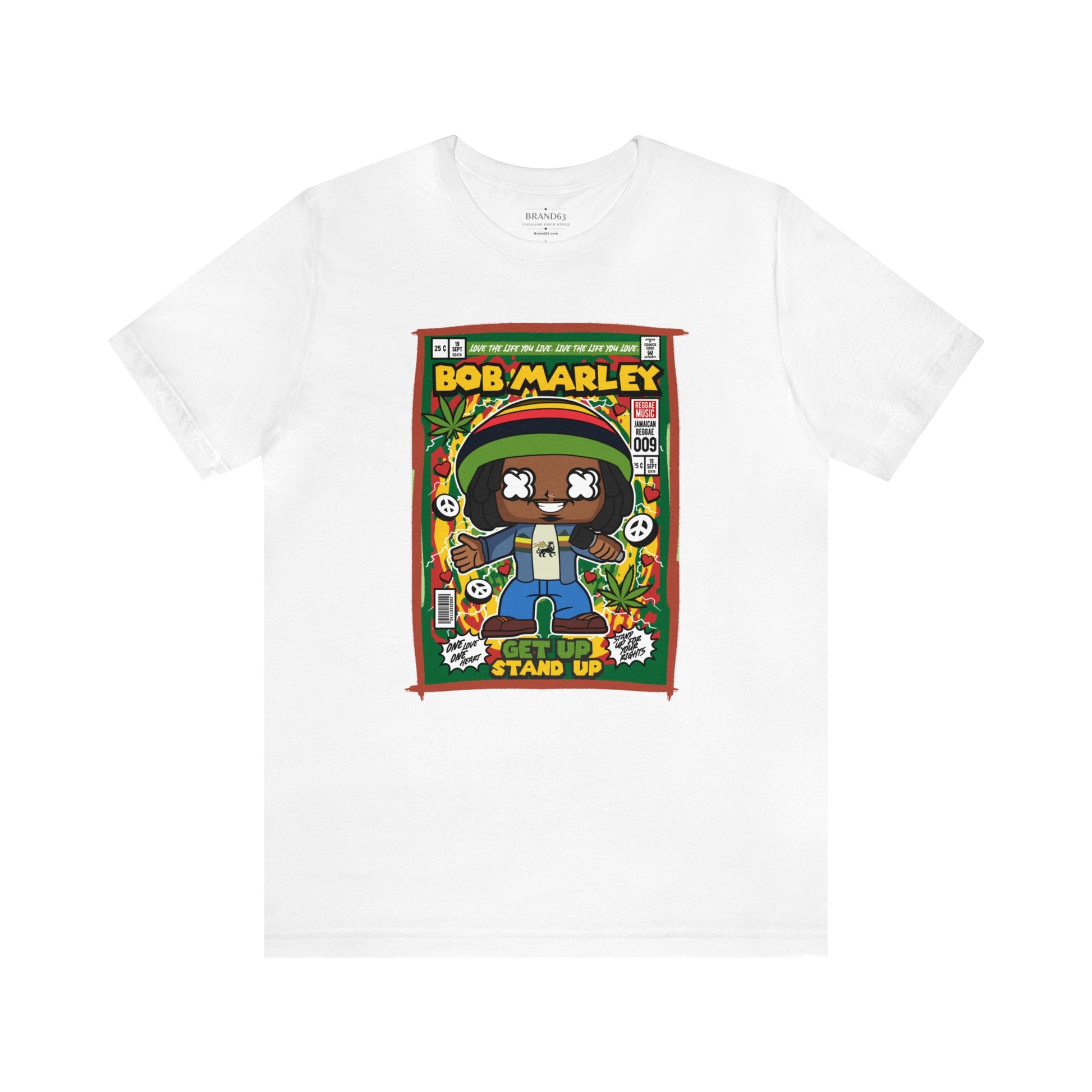 Brand63's exclusive Bob Marley Comic Book-Pop Art T-shirt collection, featuring vibrant designs with free shipping on orders over $100