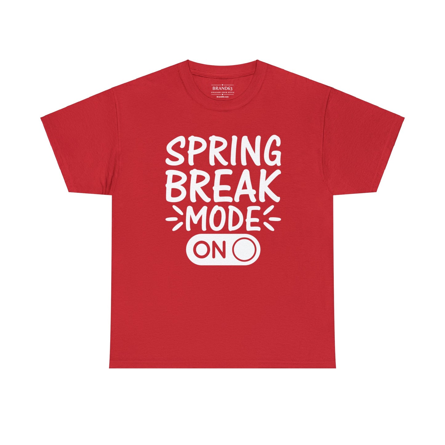 Spring Break Mode On heavy cotton t-shirt in red with eco-friendly material, classic fit, and bold vacation-ready graphic design.