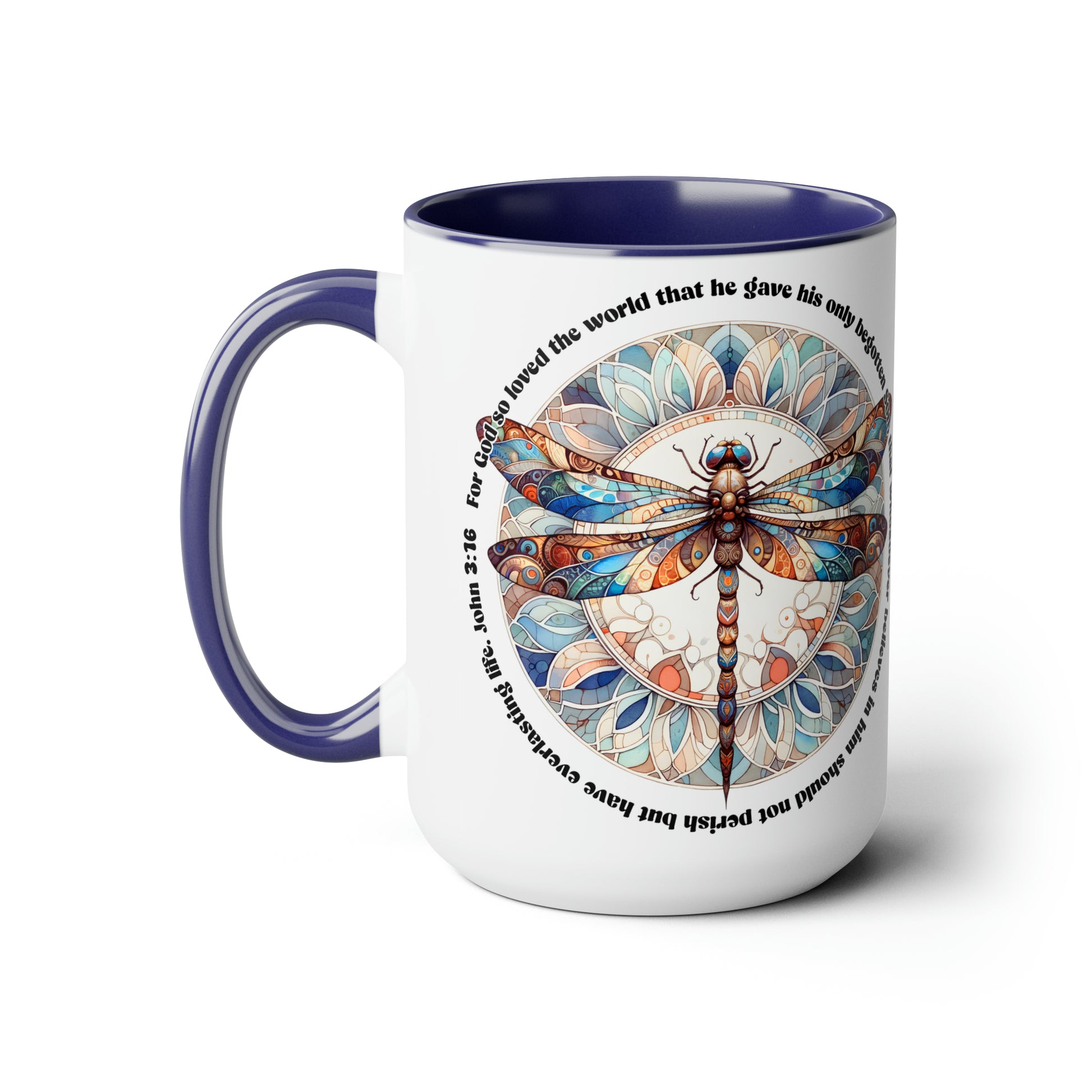 Praise & Worship Coffee Mugs, 15oz |Bible Verse, John 3:16 Faith-Based Gifts, Dragonfly