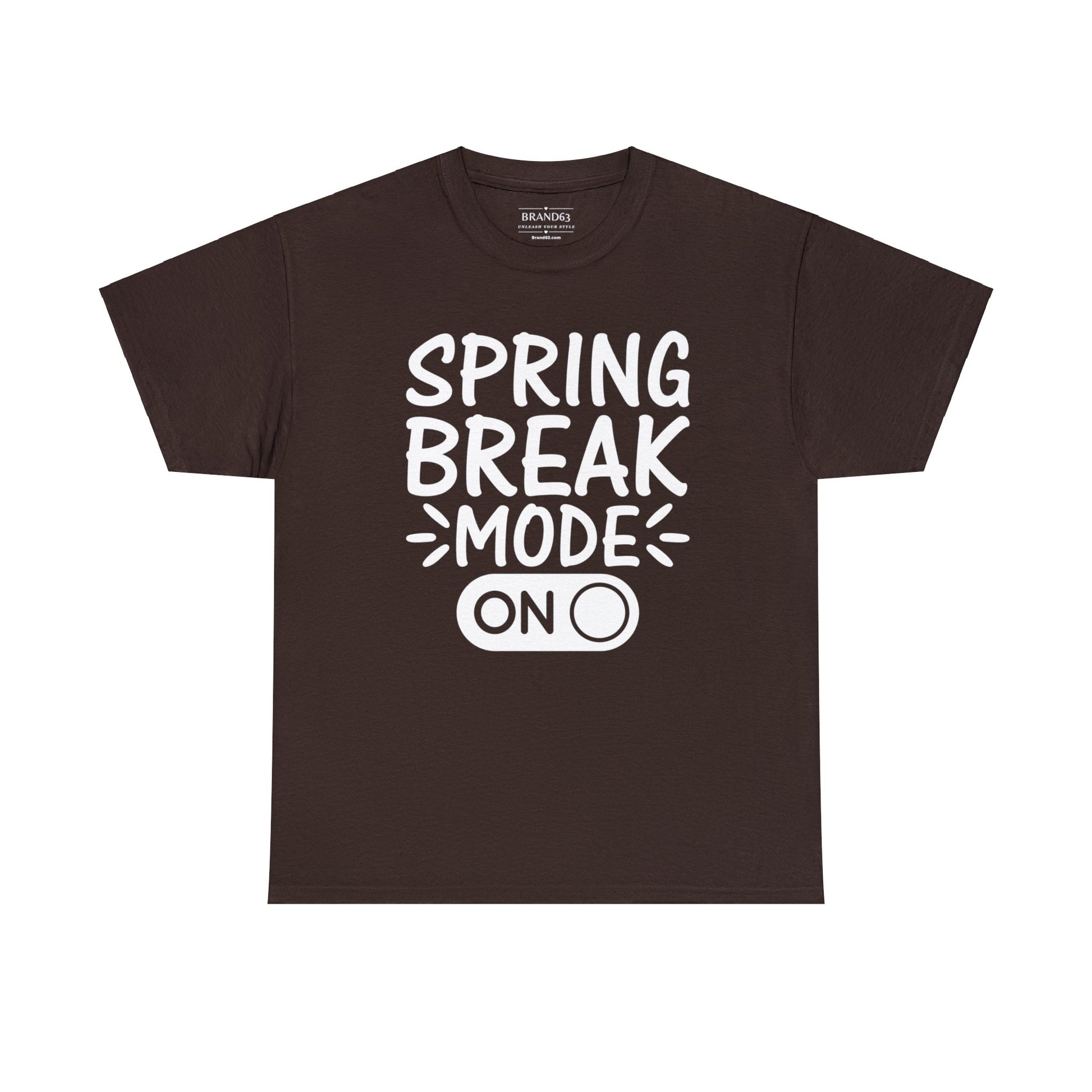 Spring Break Mode On heavy cotton t-shirt in chocolate with eco-friendly material, classic fit, and bold vacation-ready graphic design.