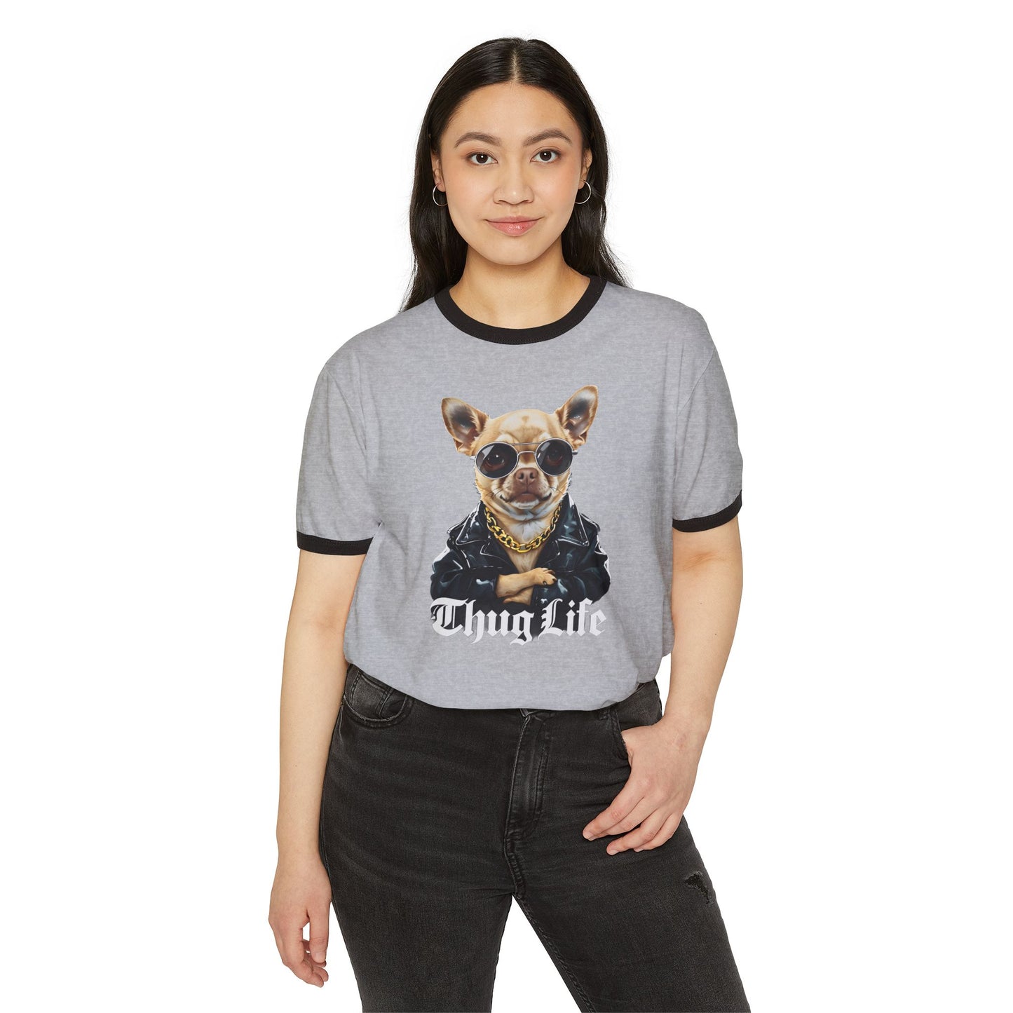 Thug Life Dog Unisex Cotton Ringer T-Shirt - Picture Perfect Chihuahua -Thuggish