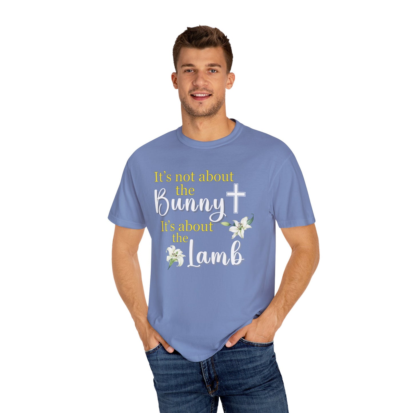 Image of Easter Faith Tee, a Christian Wear t-shirt with the message 'It's not about the Bunny. It's about the Lamb' in bold letters, symbolizing the true meaning of Easter, made from comfortable ring-spun cotton. Brand63.com. Easter Sunday. Comfort Colors