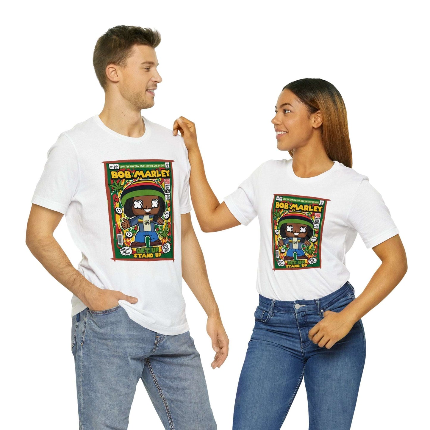 Brand63's exclusive Bob Marley Comic Book-Pop Art T-shirt collection, featuring vibrant designs with free shipping on orders over $100