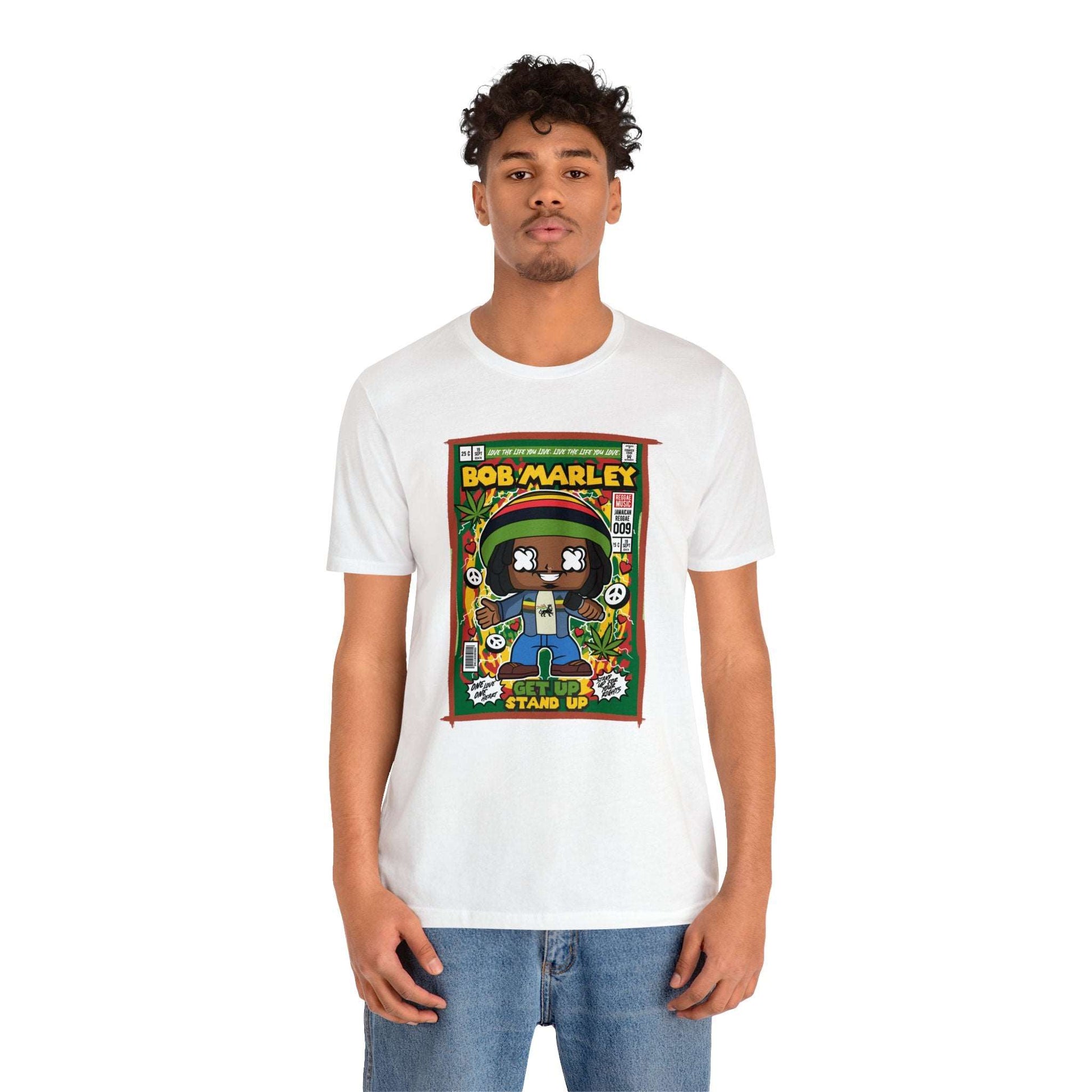 Brand63's exclusive Bob Marley Comic Book-Pop Art T-shirt collection, featuring vibrant designs with free shipping on orders over $100