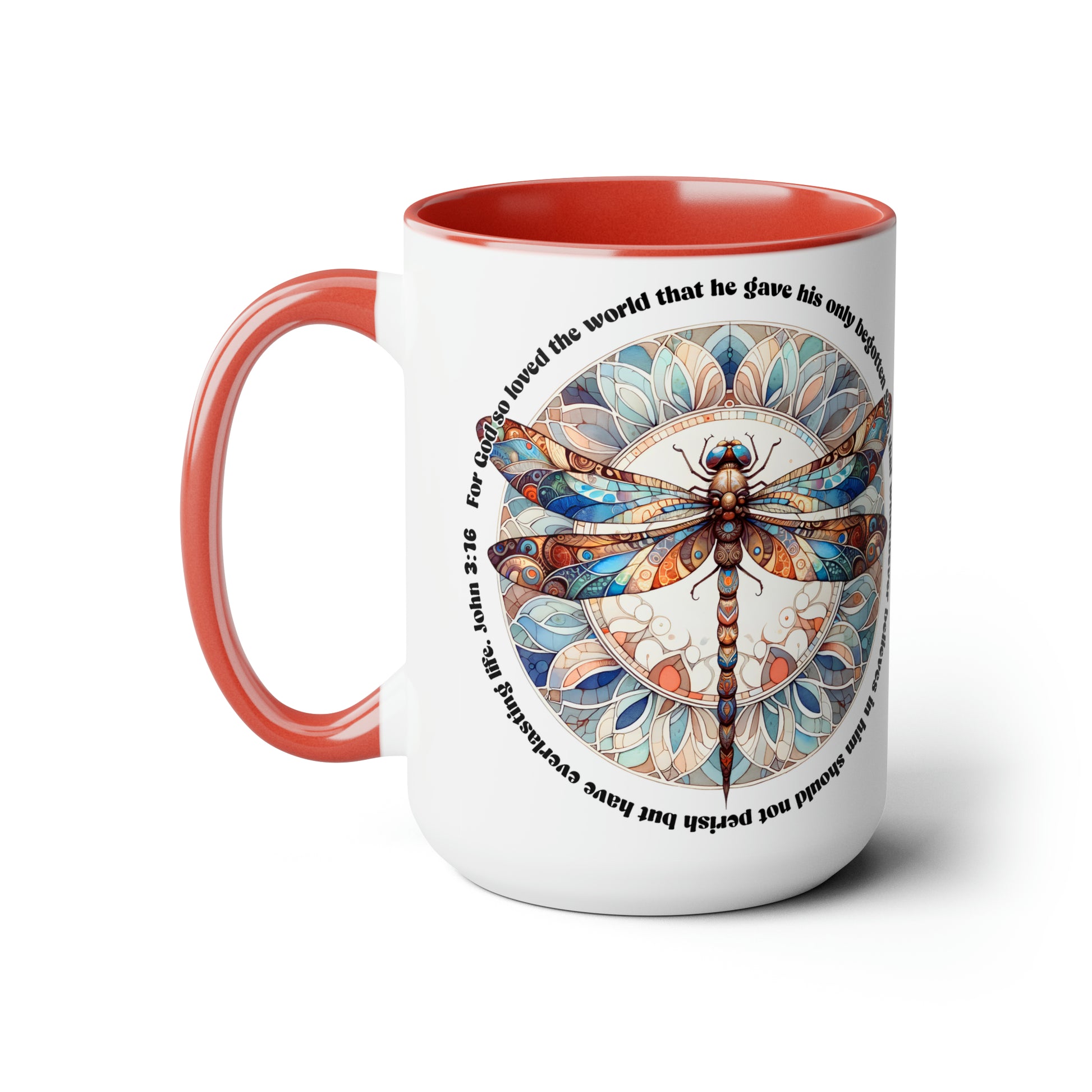 Praise & Worship Coffee Mugs, 15oz |Bible Verse, John 3:16 Faith-Based Gifts, Dragonfly