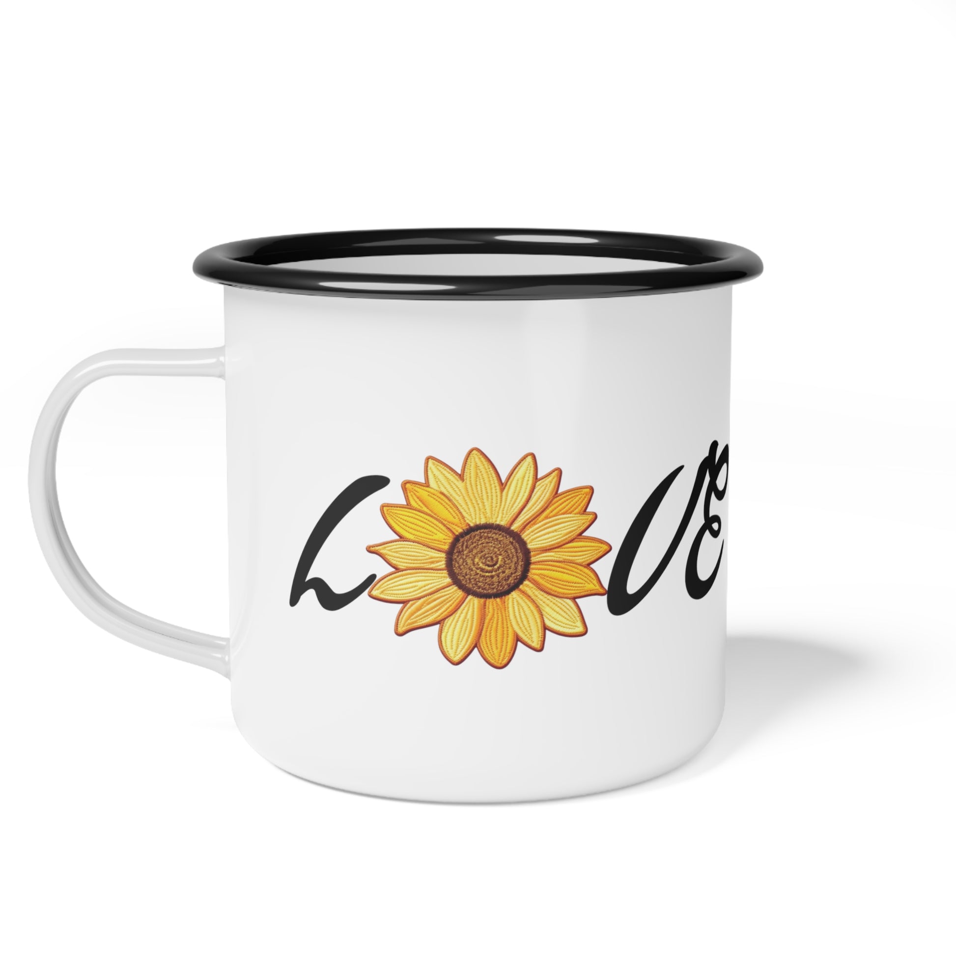 Image of faux embroidered sunflower outdoor Adventure camping cup mug with black rim. Words of Love on the  cute coffee mug. jpeg