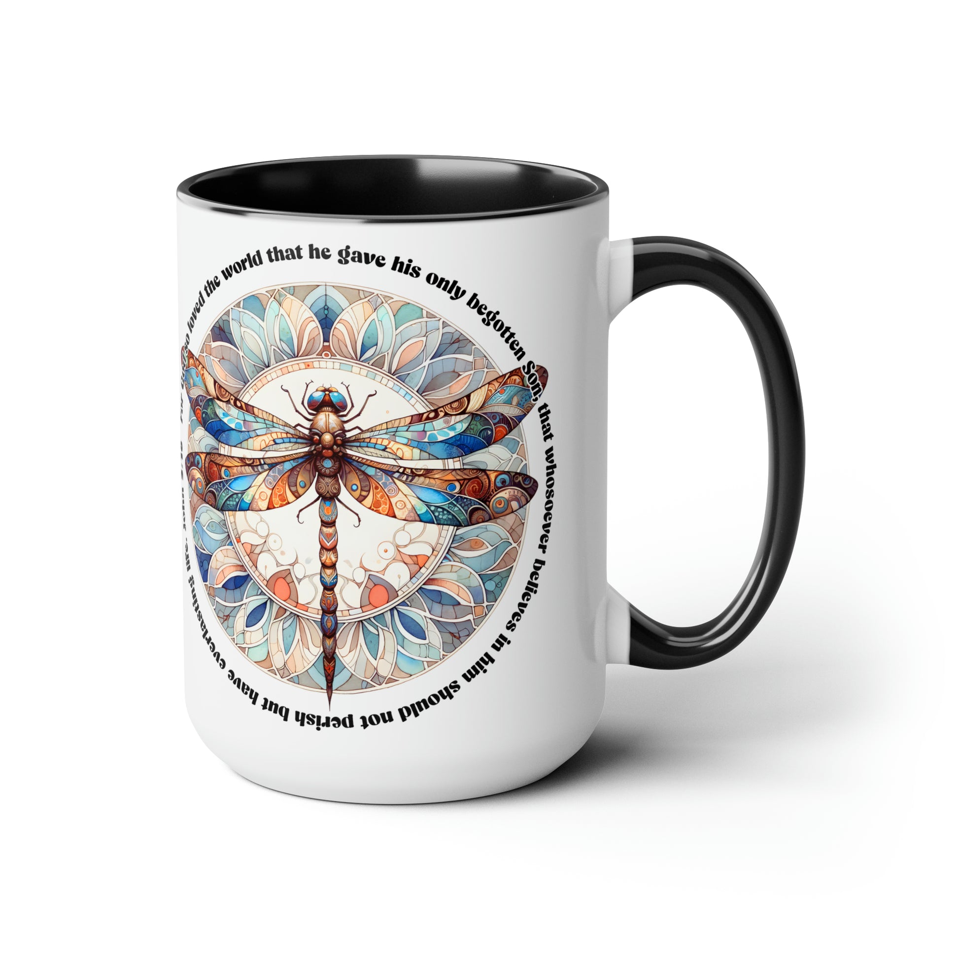 Praise & Worship Coffee Mugs, 15oz |Bible Verse, John 3:16 Faith-Based Gifts, Dragonfly