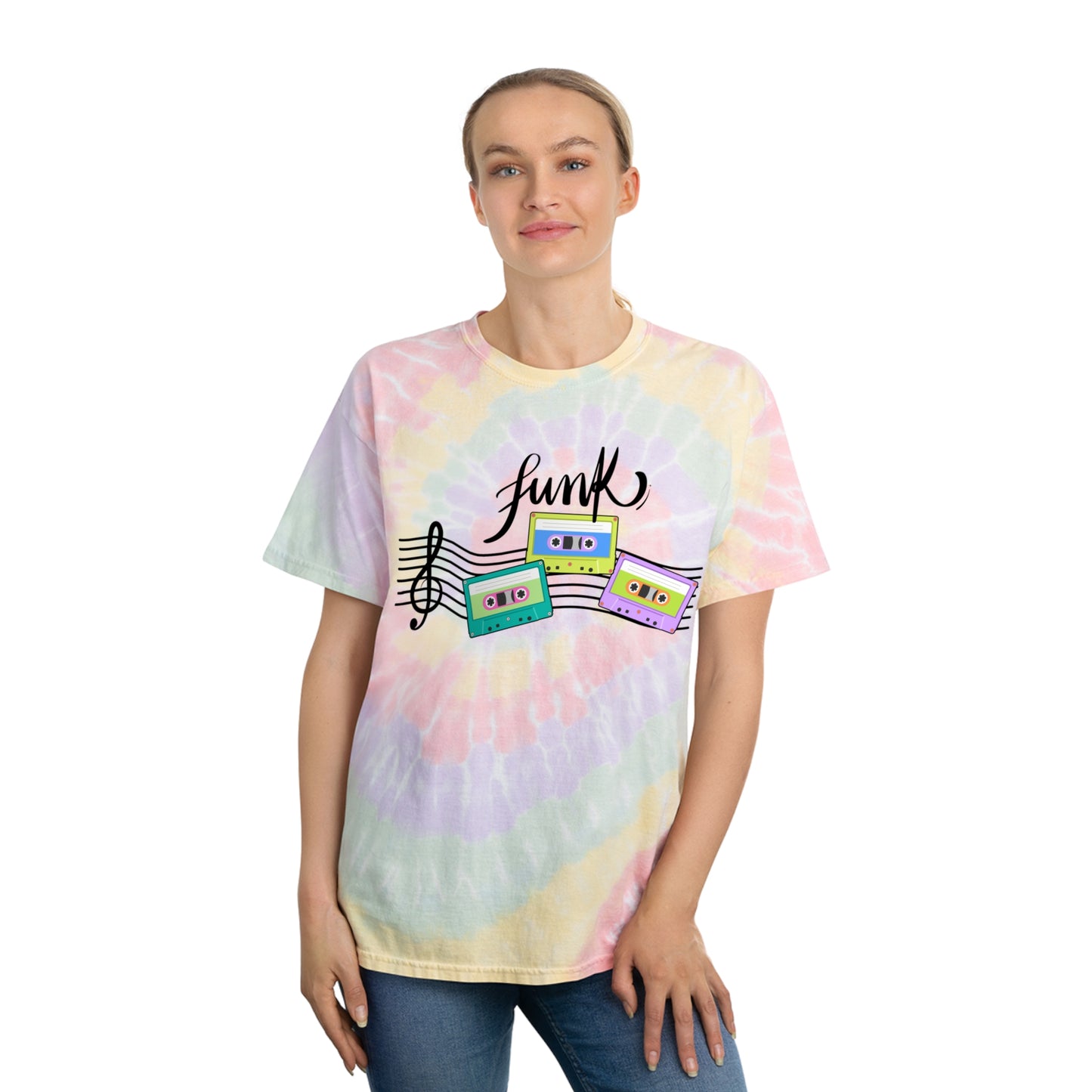 Funk Cassette Tie-Dye T-Shirt, Retro Spiral Design Tee, 60s Fashion T-Shirt, Music Lover Apparel, Vintage Style Shirt, Premium Cotton Tie-Dye Tee, Comfortable T-Shirt, Durable Graphic Tee, Nostalgic Merch, Retro Fashion Shirt