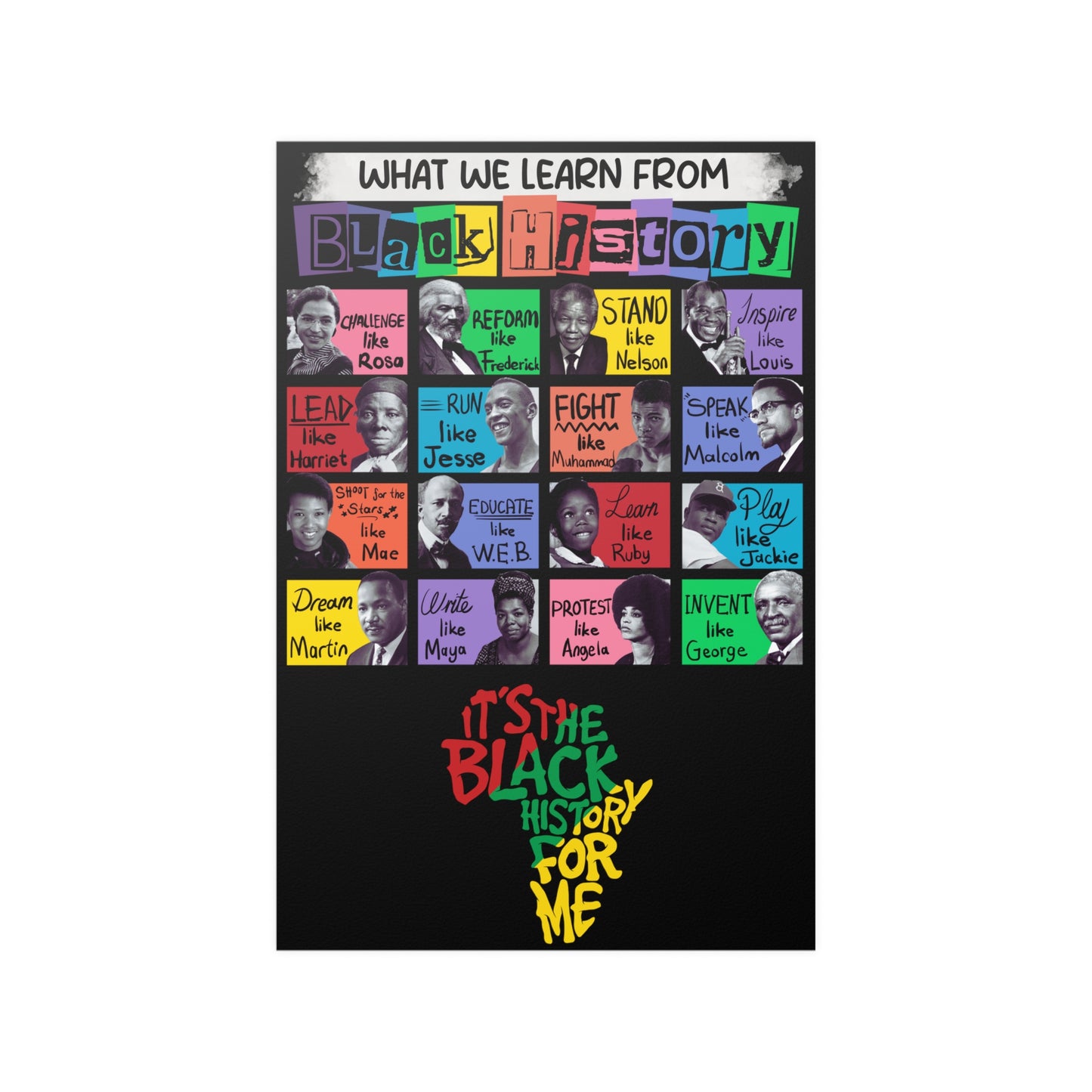 Black History Heritage Iconic Poster | Famous Black Icons Poster For Classrooms, Hallways, Dormrooms, Bedrooms and more. Shop Black History Apparel, Gifts, school decor, home decor. Free Shipping