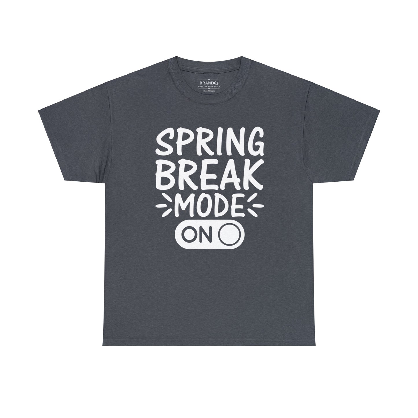 Spring Break Mode On heavy cotton t-shirt in black with eco-friendly material, classic fit, and bold vacation-ready graphic design.