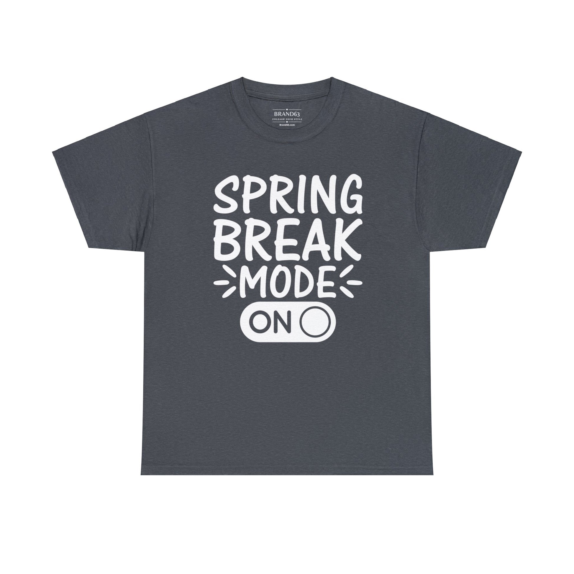 Spring Break Mode On heavy cotton t-shirt in black with eco-friendly material, classic fit, and bold vacation-ready graphic design.