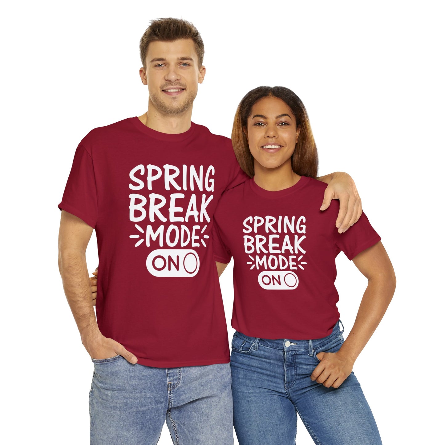 Spring Break Mode On heavy cotton t-shirt in black with eco-friendly material, classic fit, and bold vacation-ready graphic design.