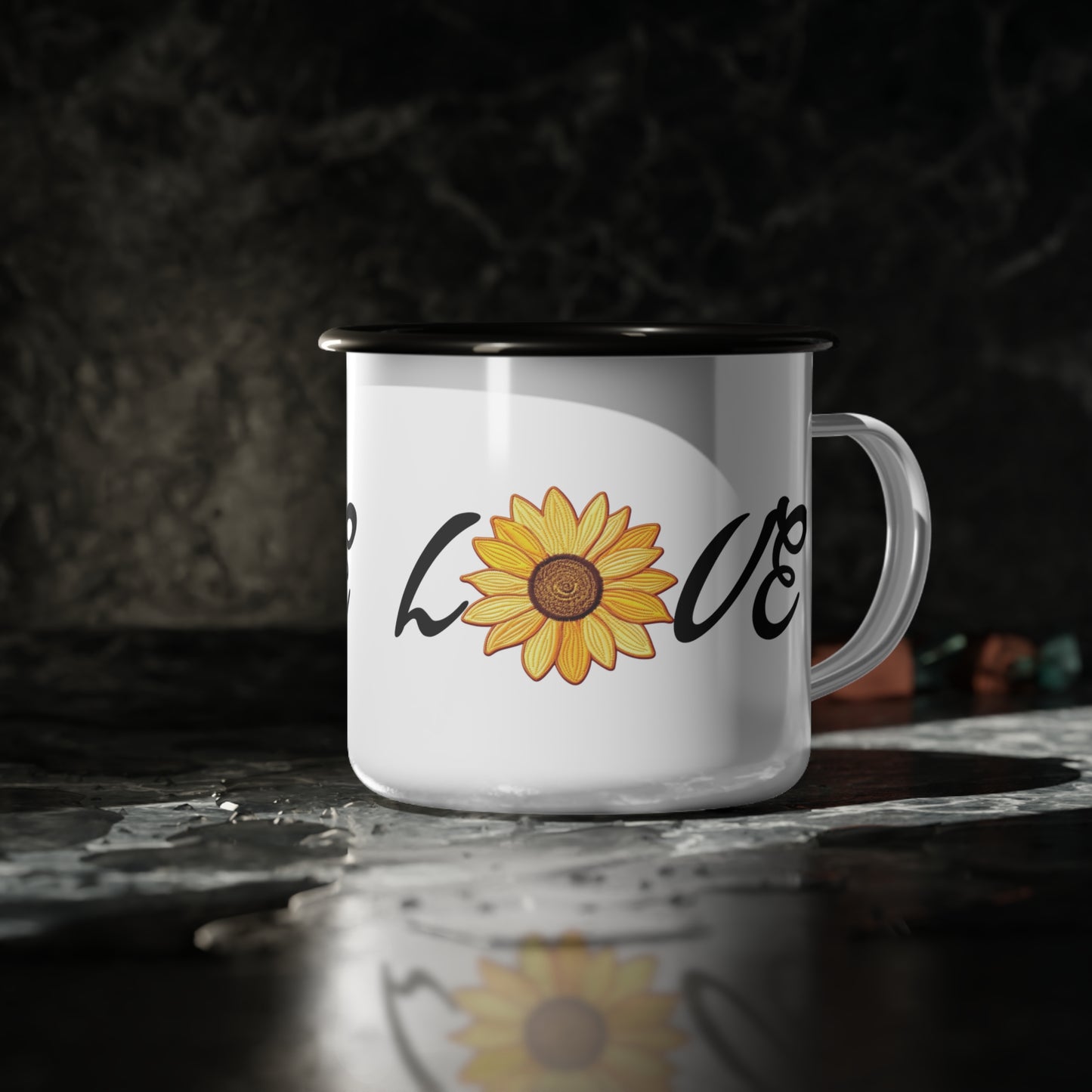 Image of faux embroidered sunflower outdoor Adventure camping cup mug with black rim. Words of Love on the  cute coffee mug. jpeg