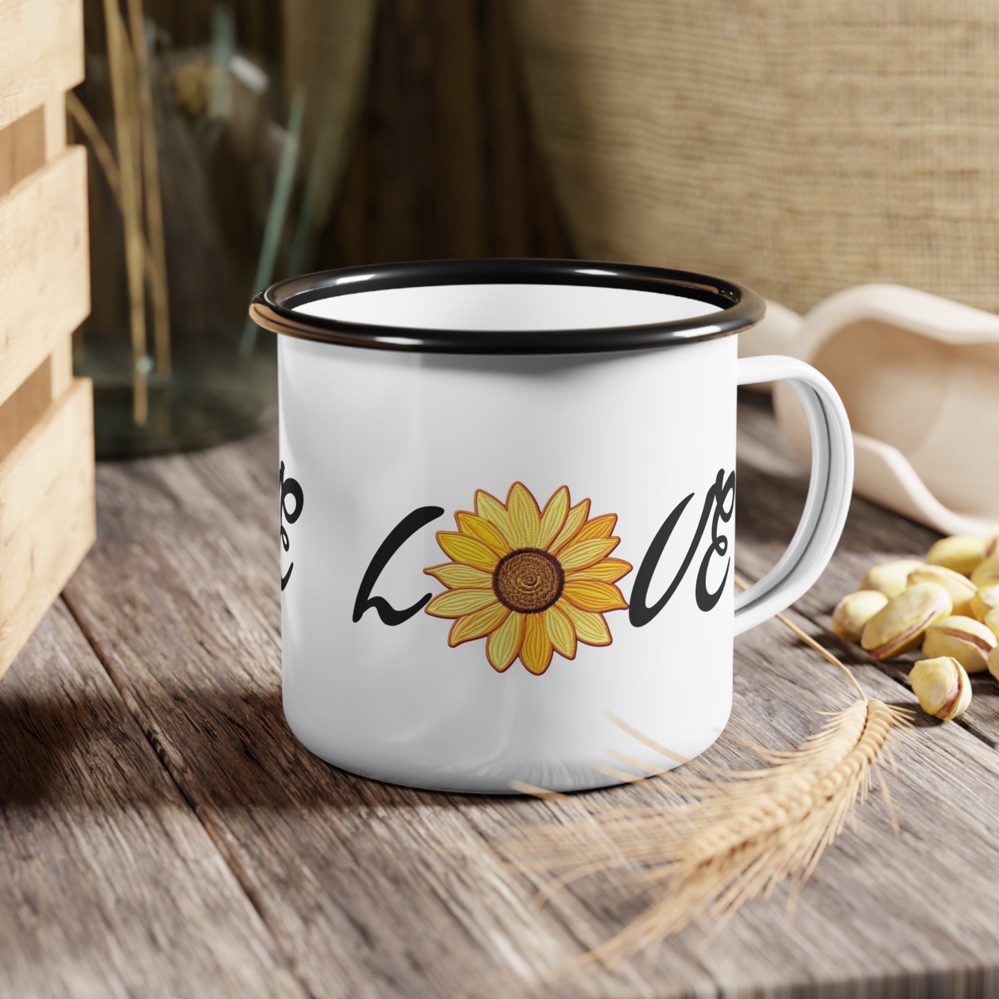 Image of faux embroidered sunflower outdoor Adventure camping cup mug with black rim. Words of Love on the  cute coffee mug. jpeg