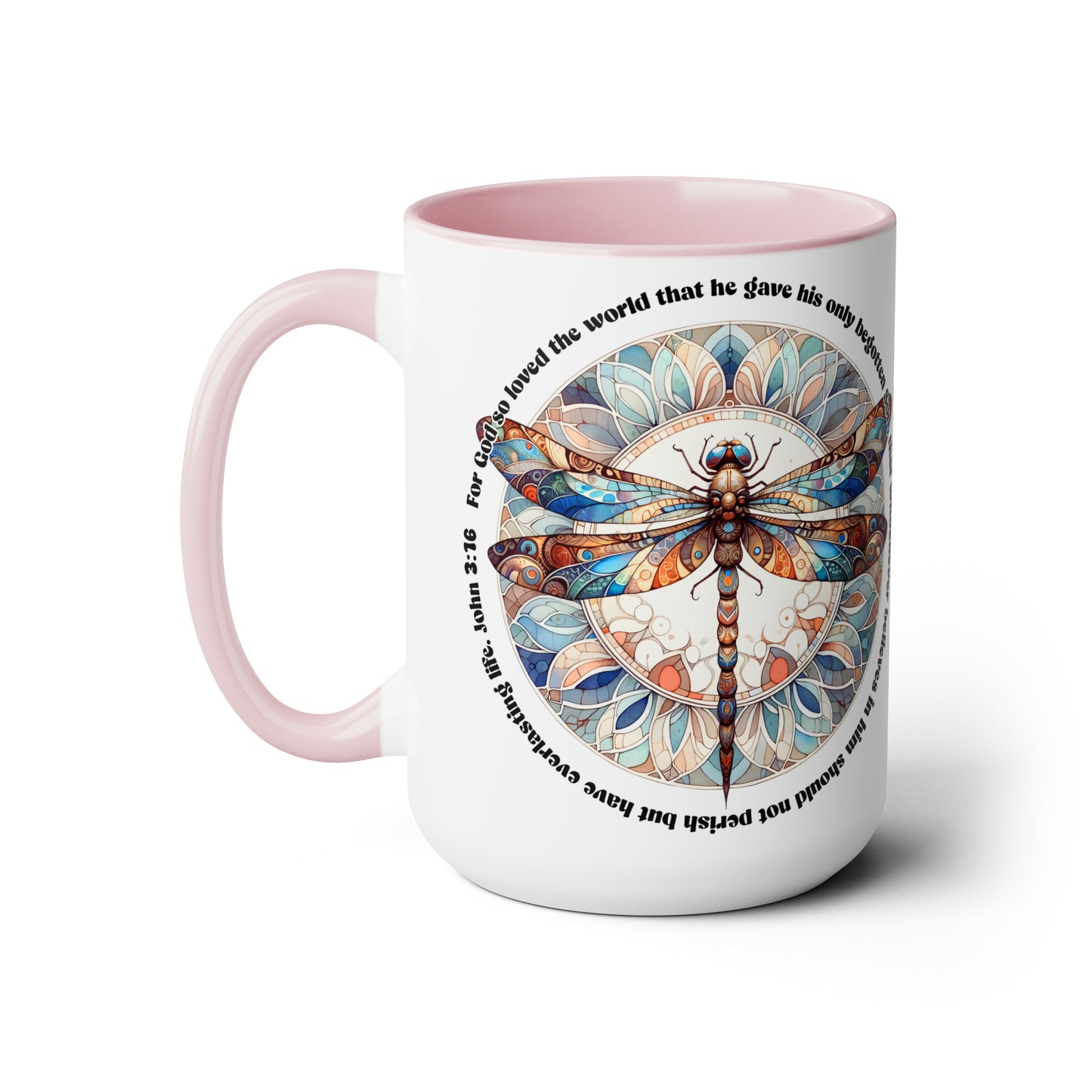 Praise & Worship Coffee Mugs, 15oz |Bible Verse, John 3:16 Faith-Based Gifts, Dragonfly