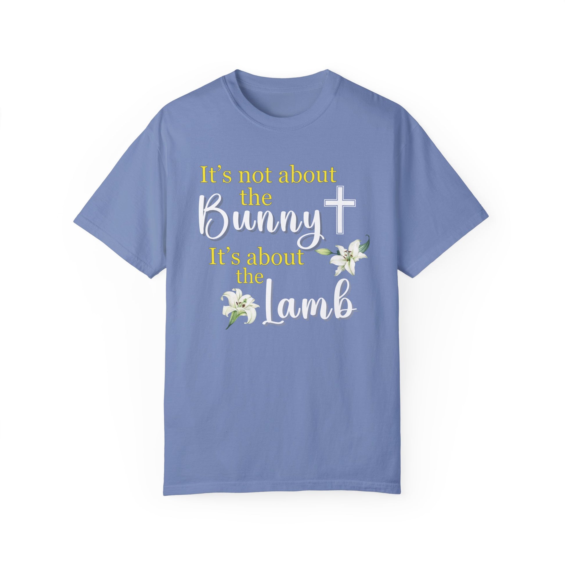 Image of Easter Faith Tee, a Christian Wear t-shirt with the message 'It's not about the Bunny. It's about the Lamb' in bold letters, symbolizing the true meaning of Easter, made from comfortable ring-spun cotton. Brand63.com. Easter Sunday. Comfort Colors