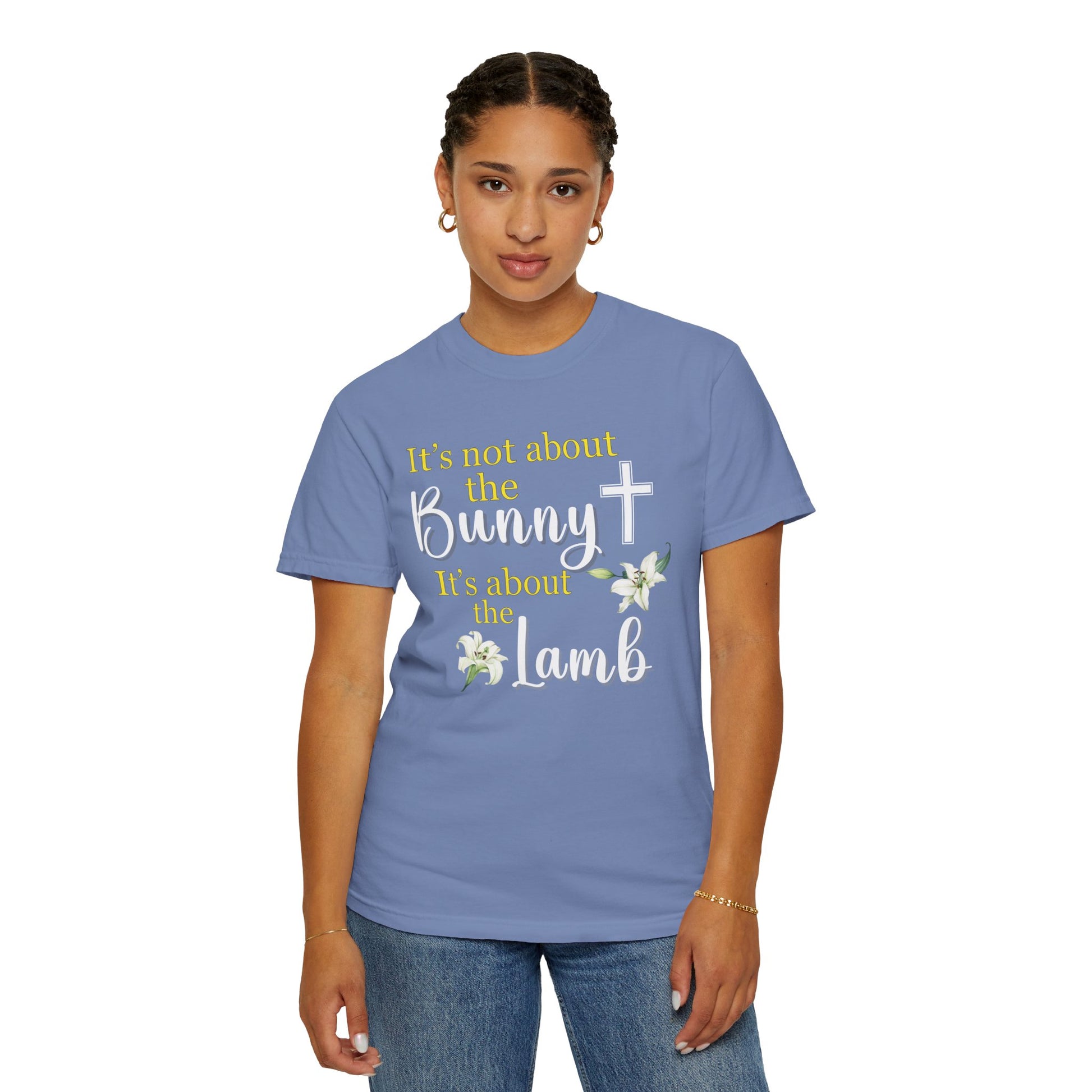 Image of Easter Faith Tee, a Christian Wear t-shirt with the message 'It's not about the Bunny. It's about the Lamb' in bold letters, symbolizing the true meaning of Easter, made from comfortable ring-spun cotton. Brand63.com. Easter Sunday. Comfort Colors