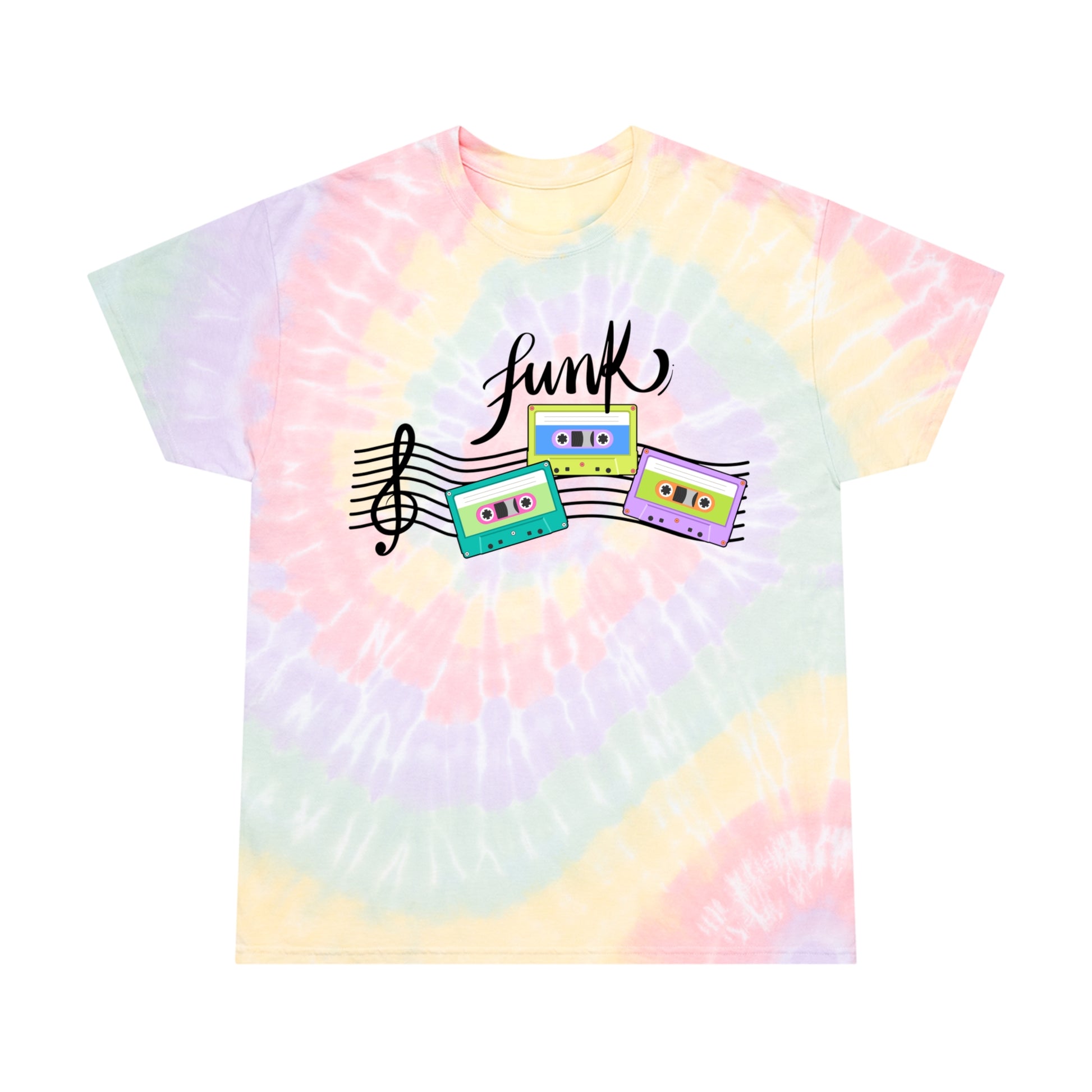 Funk Cassette Tie-Dye T-Shirt, Retro Spiral Design Tee, 60s Fashion T-Shirt, Music Lover Apparel, Vintage Style Shirt, Premium Cotton Tie-Dye Tee, Comfortable T-Shirt, Durable Graphic Tee, Nostalgic Merch, Retro Fashion Shirt