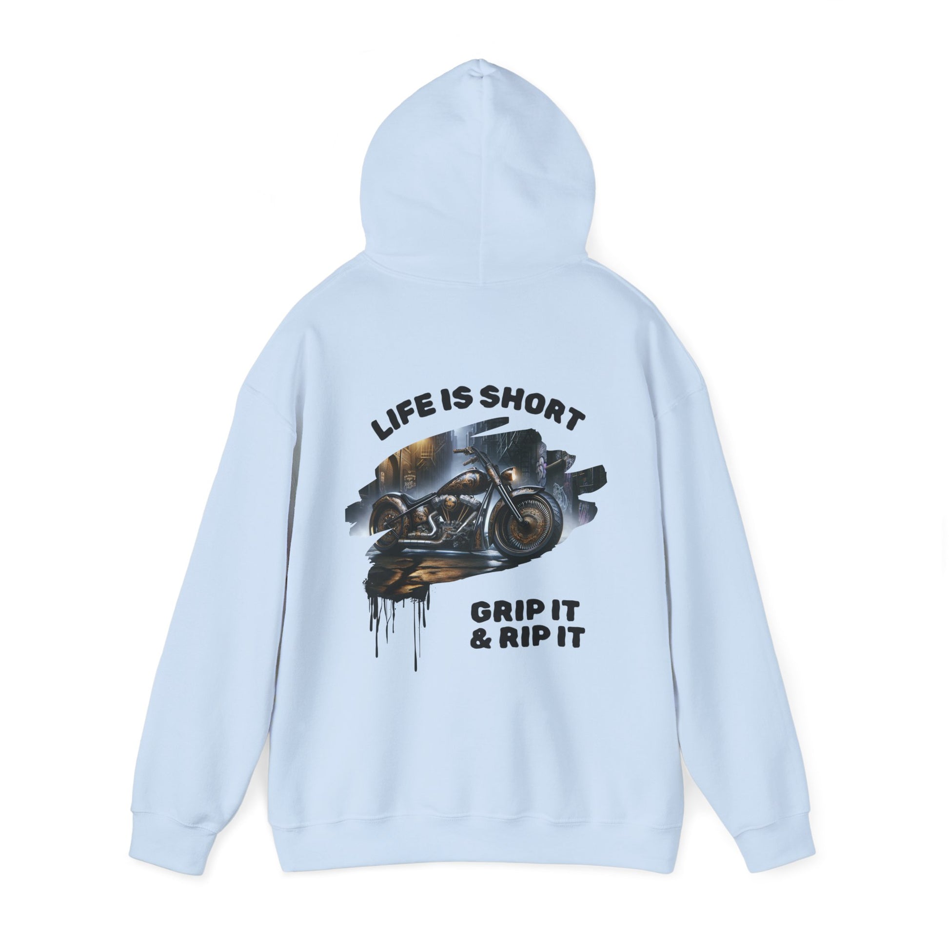 Motorcycle-themed Heavy Blend Hoodie with Grip It & Rip It Slogan and Spray Paint Drip Design. Brand63. Biker Hoodie, Biker apparel, motorcyclist clothes. Free Shipping