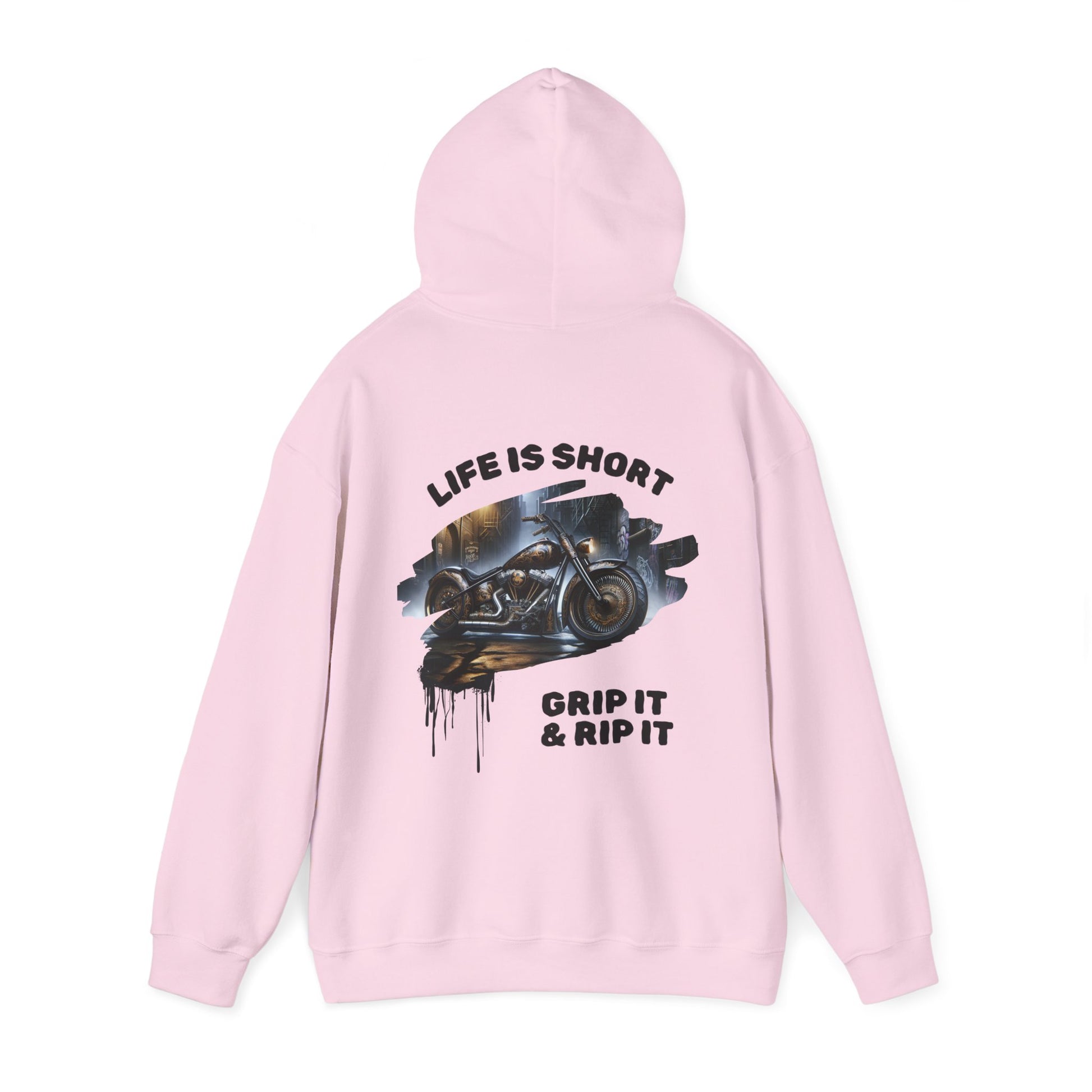 Motorcycle-themed Heavy Blend Hoodie with Grip It & Rip It Slogan and Spray Paint Drip Design. Brand63. Biker Hoodie, Biker apparel, motorcyclist clothes. Free Shipping