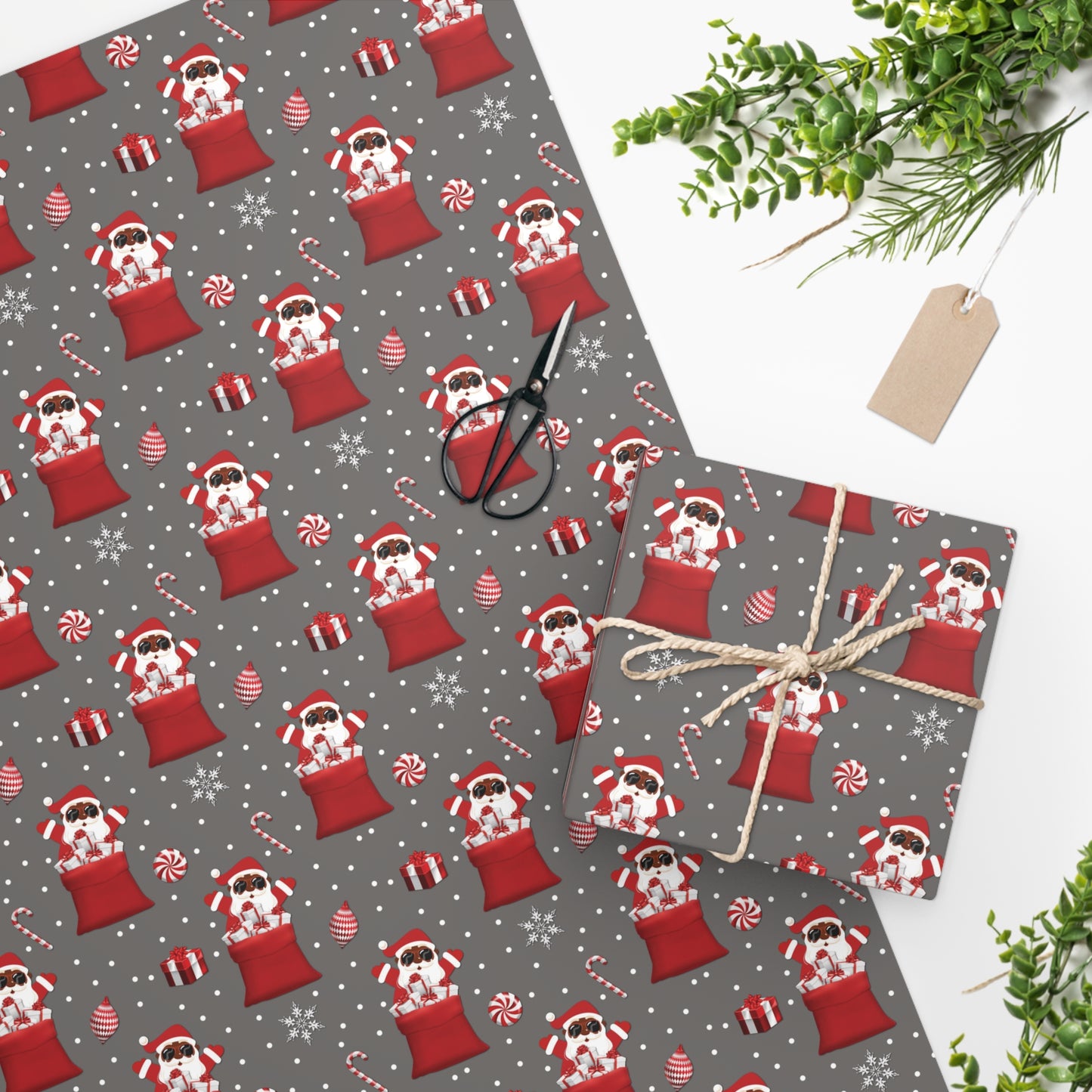 christmas wrapping paper, black santa christmas wrapping paper, gift paper, gift wrap, christmas gifts, christmas gift wrap, holiday shopping, christmas shopping, gifts for her, gifts for him, gifts for a black man, gifts for a black woman, gifts for a black child, gingerbread lane