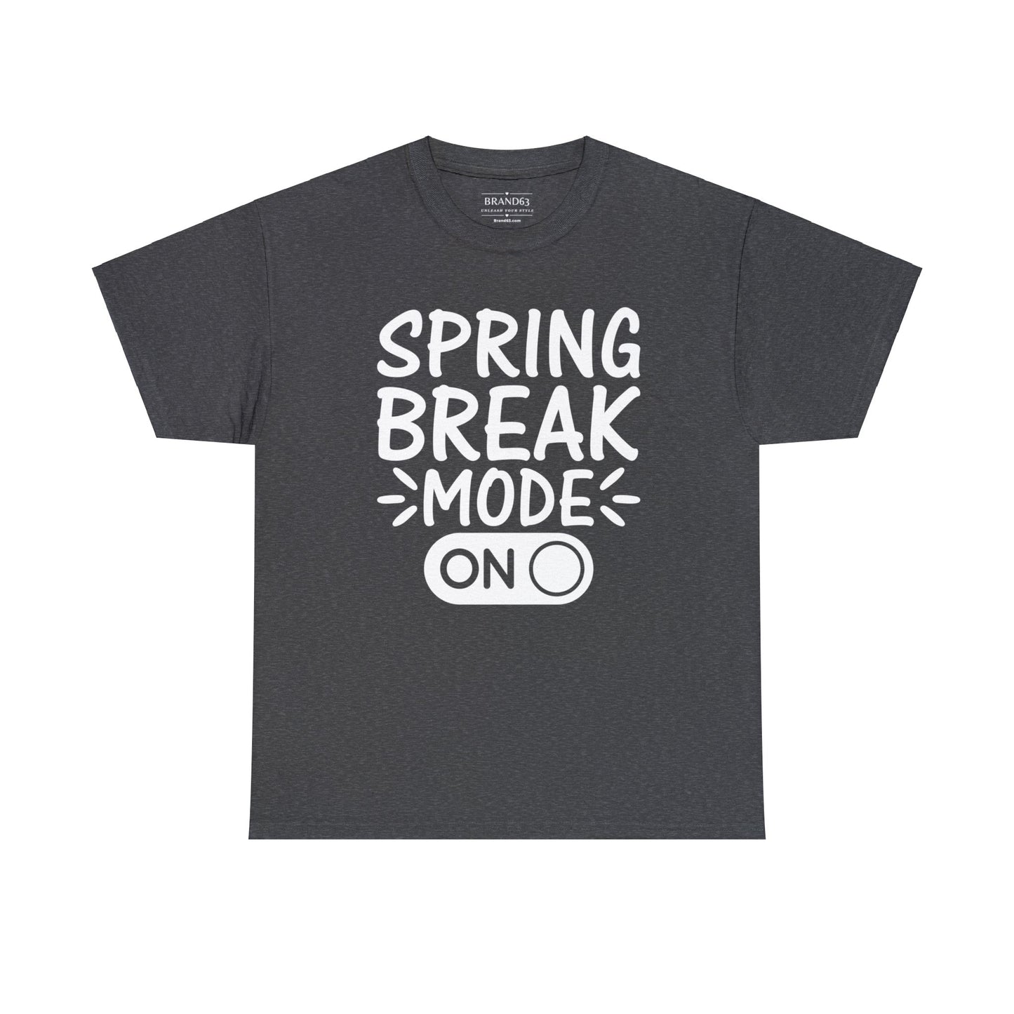 Spring Break Mode On heavy cotton t-shirt in grey with eco-friendly material, classic fit, and bold vacation-ready graphic design.