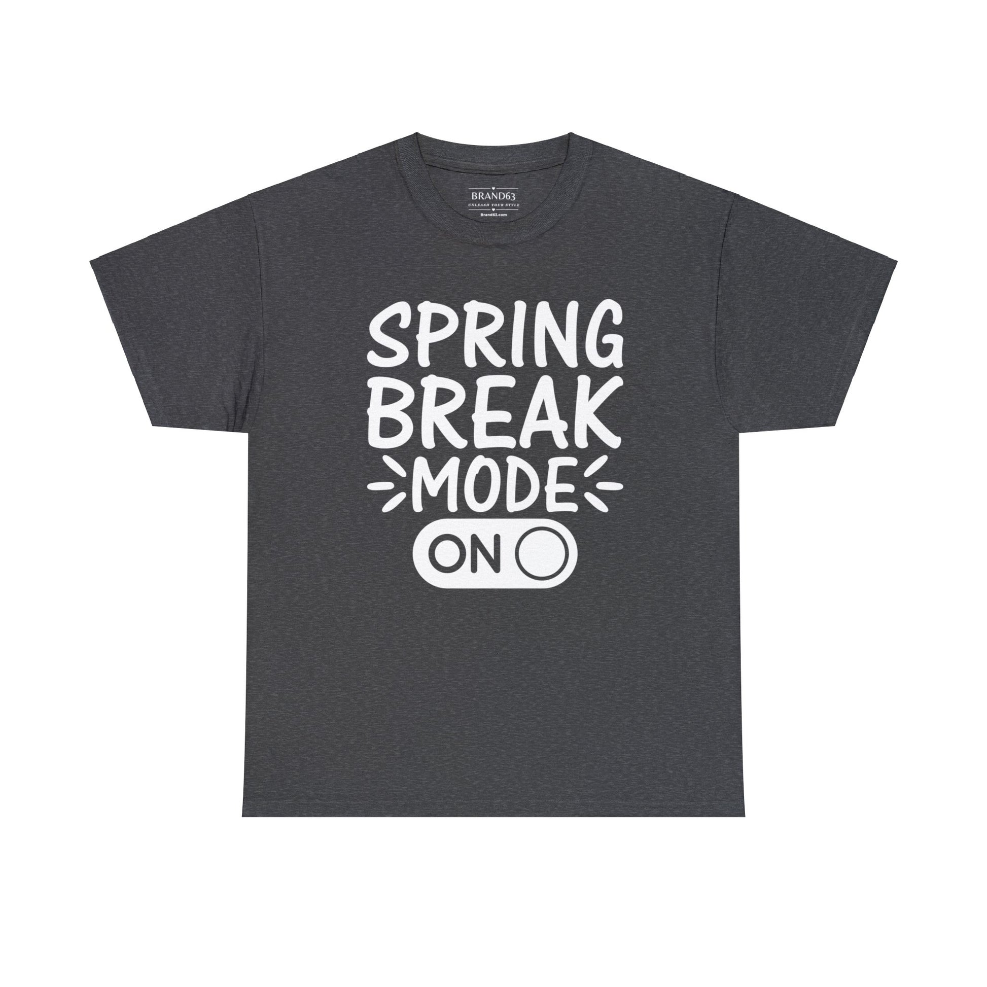 Spring Break Mode On heavy cotton t-shirt in grey with eco-friendly material, classic fit, and bold vacation-ready graphic design.