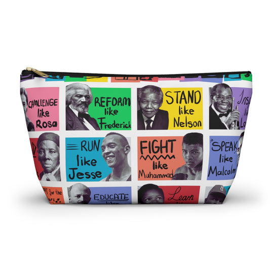  Black History Heritage Iconic Accessory Pouch | Famous Black Icons Travel Bag, Pencil Pouch, Cosmetic Bag Our Black History Heritage Iconic Accessory t-bottom pouches vary from small to large and can be used for pretty much anything. They make excellent pencil cases and cosmetic travel bags. Zipper closure.