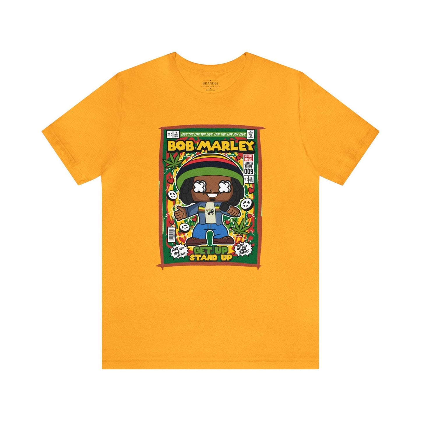 Brand63's exclusive Bob Marley Comic Book-Pop Art T-shirt collection, featuring vibrant designs with free shipping on orders over $100