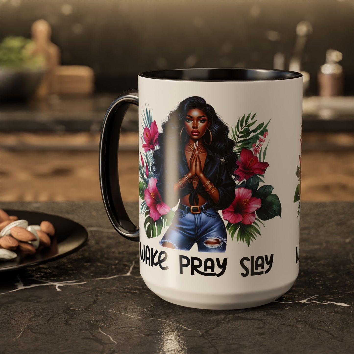 Afro-Chic Mug - 'Wake, Pray, Slay' Beautiful Vivid Portrait Coffee Cup