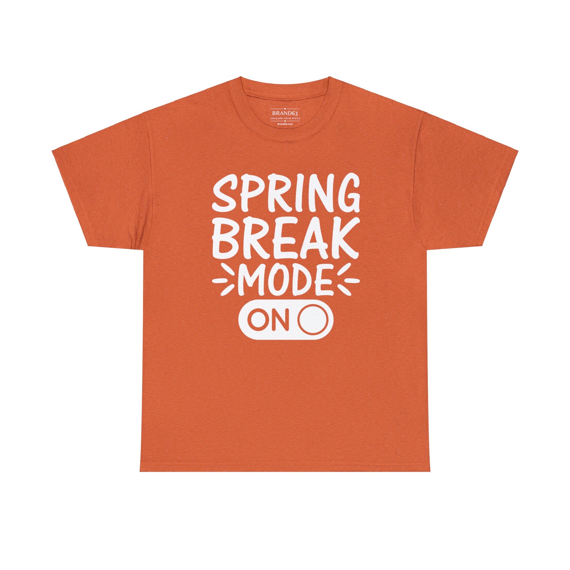 Spring Break Mode On heavy cotton t-shirt in orange with eco-friendly material, classic fit, and bold vacation-ready graphic design.