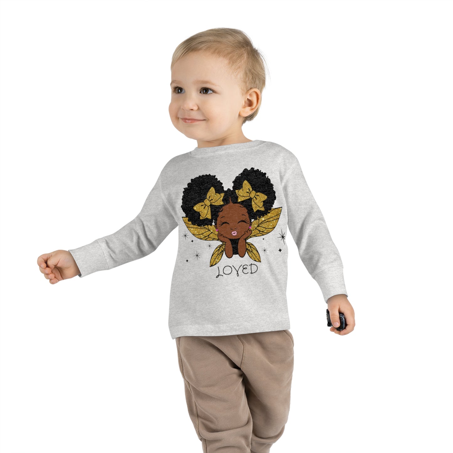 Loved! Brown-Girl Toddler Long Sleeve Tee, Gold