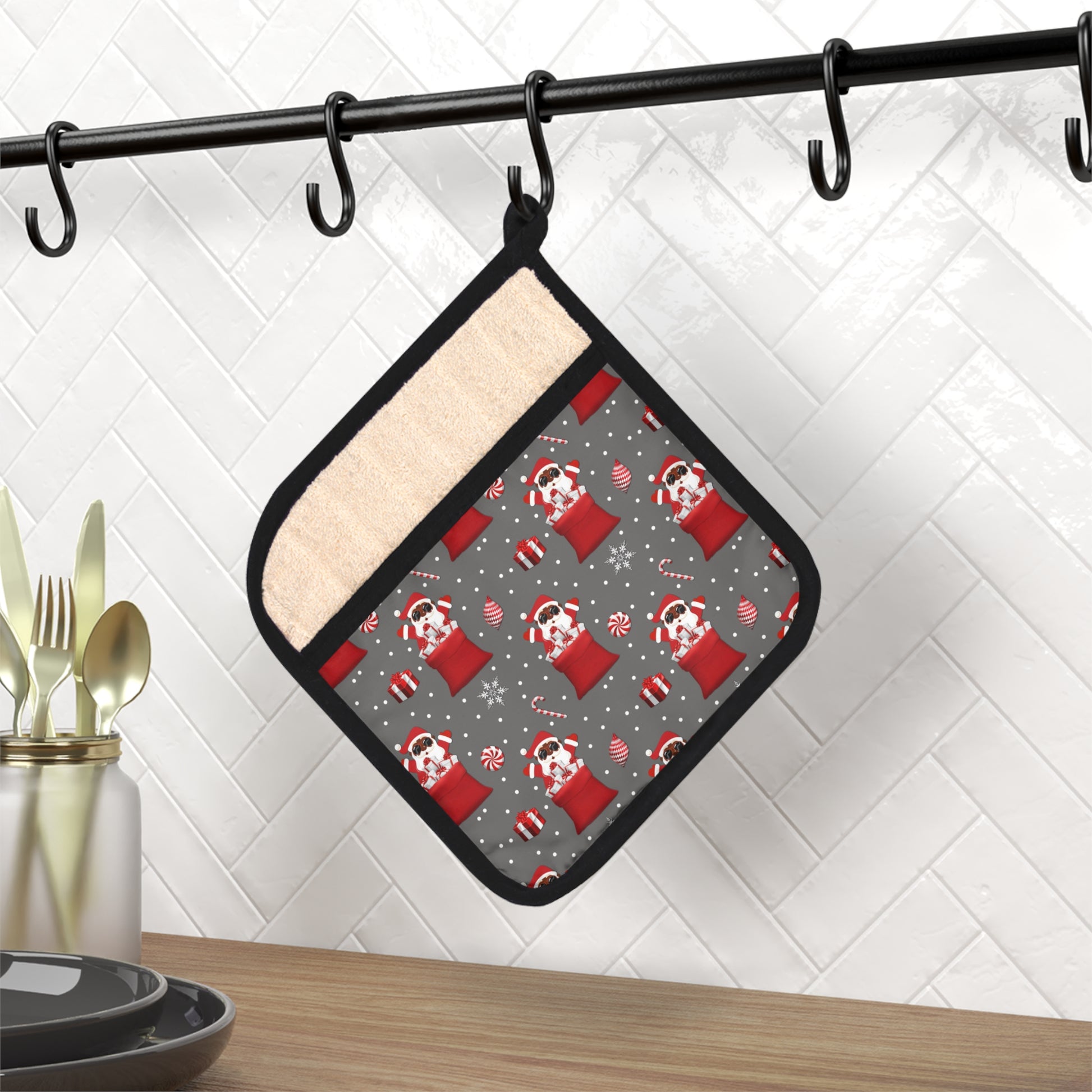 Infuse a sprinkle of joy and a dash of festive flair into your kitchen this holiday season with our Exclusive Black Santa Christmas Pot Holder, top Christmas decorations, best Christmas gifts