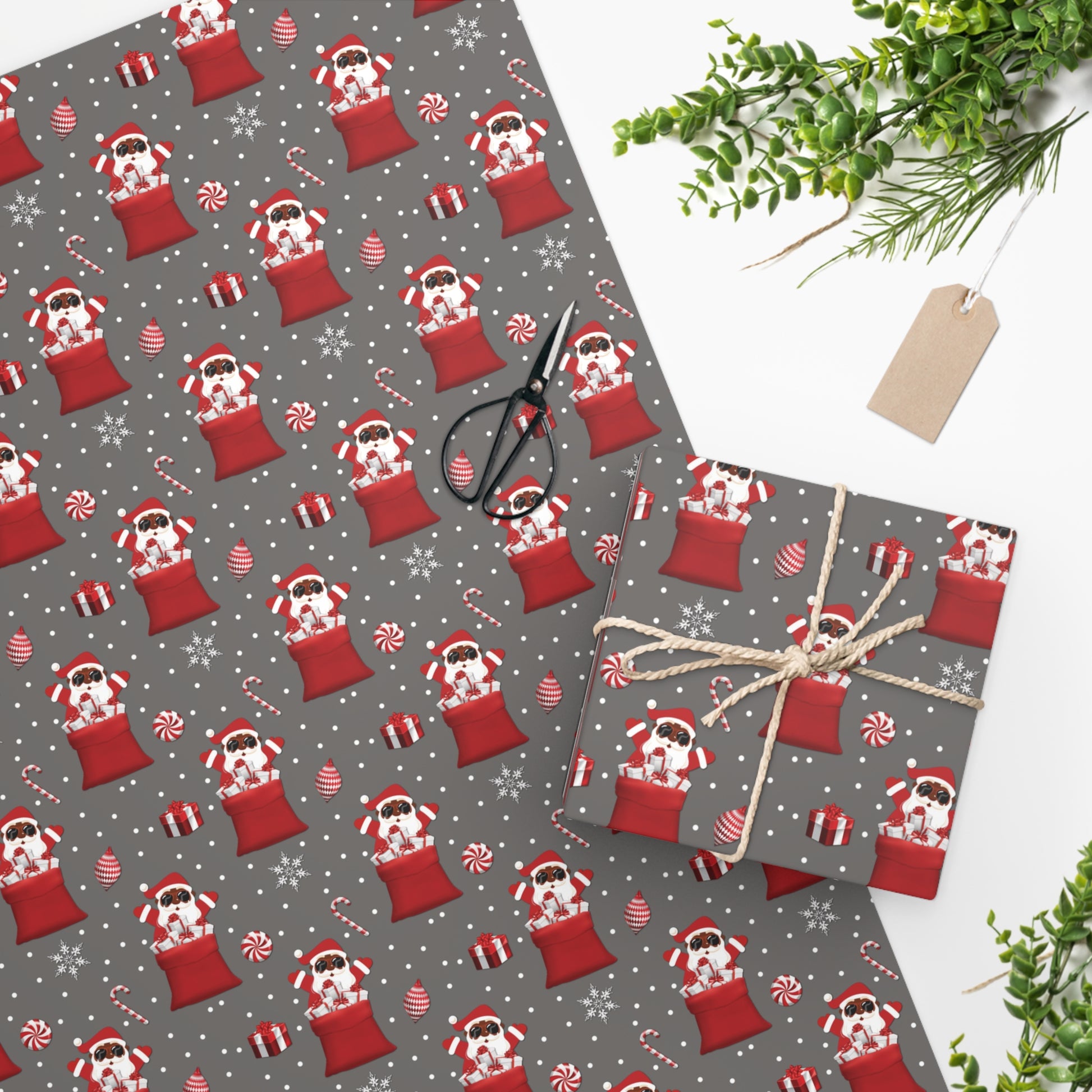 christmas wrapping paper, black santa christmas wrapping paper, gift paper, gift wrap, christmas gifts, christmas gift wrap, holiday shopping, christmas shopping, gifts for her, gifts for him, gifts for a black man, gifts for a black woman, gifts for a black child, gingerbread lane