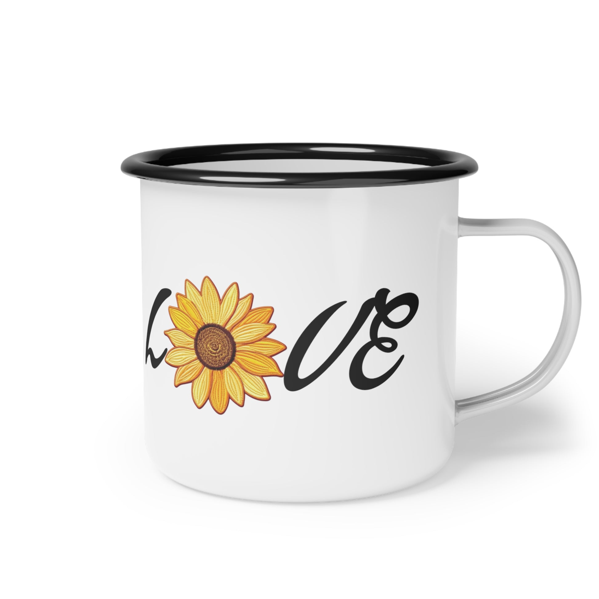 Image of faux embroidered sunflower outdoor Adventure camping cup mug with black rim. Words of Love on the  cute coffee mug. jpeg