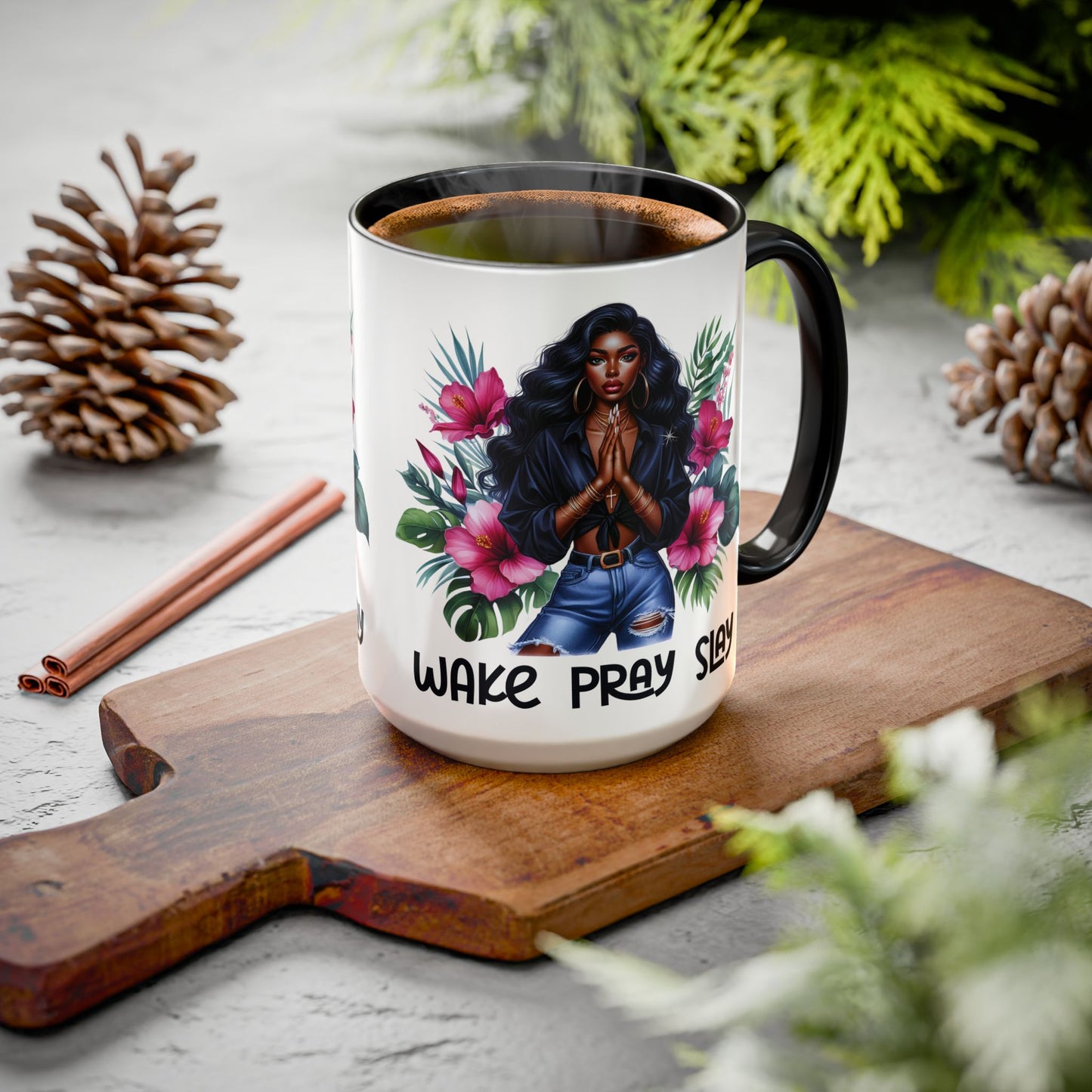 Afro-Chic Mug - 'Wake, Pray, Slay' Beautiful Vivid Portrait Coffee Cup