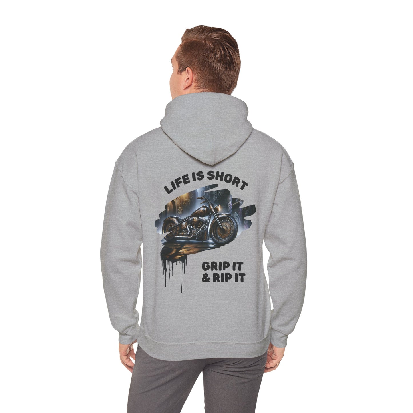 Motorcycle-themed Heavy Blend Hoodie with Grip It & Rip It Slogan and Spray Paint Drip Design. Brand63. Biker Hoodie, Biker apparel, motorcyclist clothes. Free Shipping