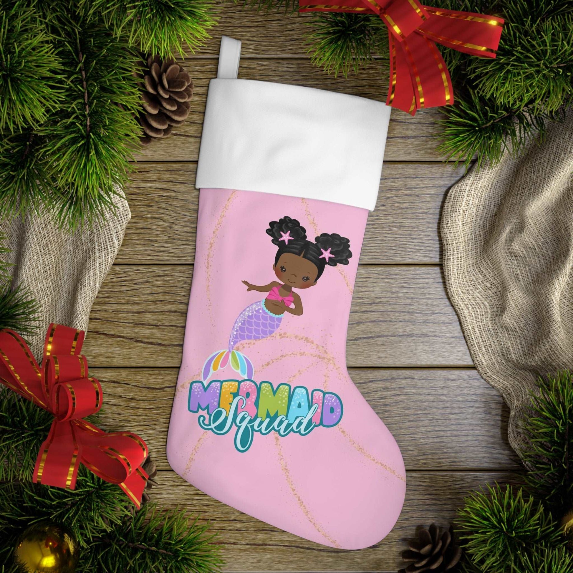 Mermaid Squad Goals Christmas Stocking | Black Mermaid Xmas Fun Stocking | Great Holiday Little Girls Gift