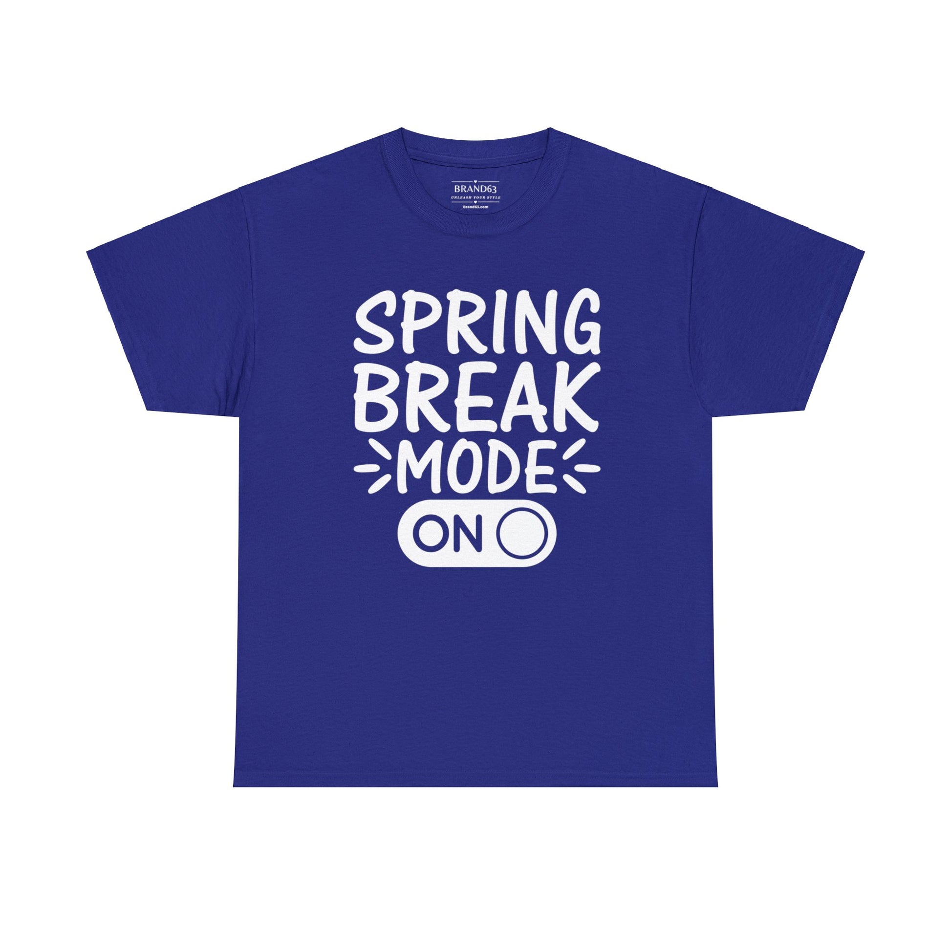 Spring Break Mode On heavy cotton t-shirt in blue with eco-friendly material, classic fit, and bold vacation-ready graphic design.