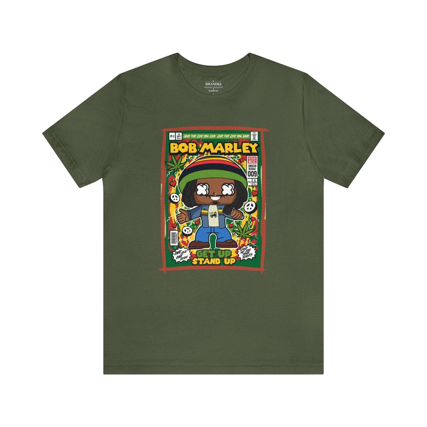 Brand63's exclusive Bob Marley Comic Book-Pop Art T-shirt collection, featuring vibrant designs with free shipping on orders over $100